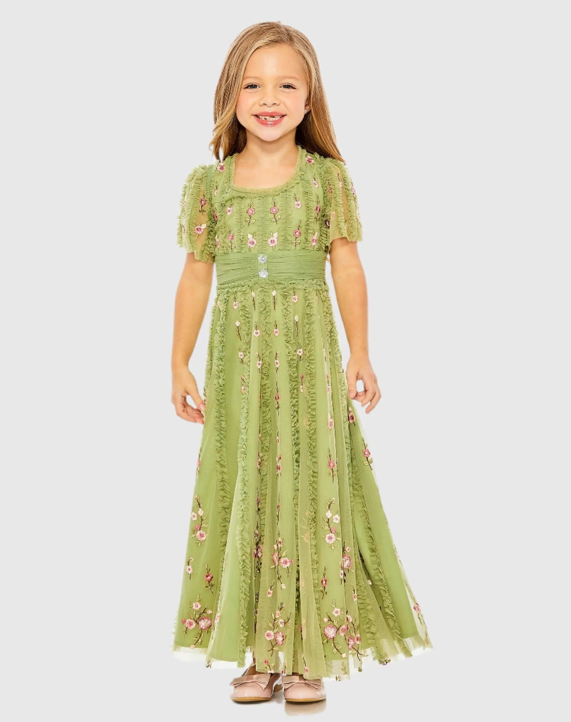 Girls Ruffle Flutter Sleeve Floral Mini Dress - Mac Duggal