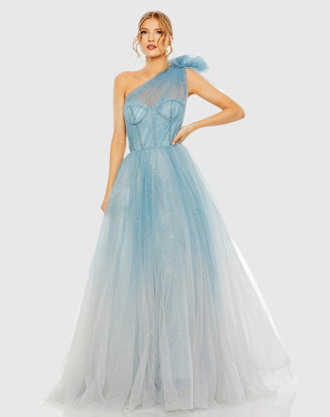 Blue Glitter One-Shoulder Ombre Gown with Bow Blue Glitter One-Shoulder Ombre Gown with Bow