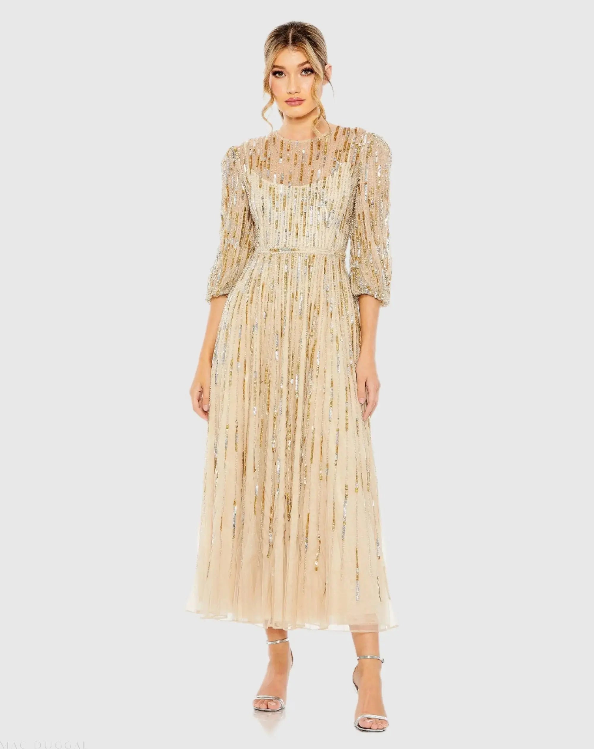 Gold Beaded High Neck Midi Dress