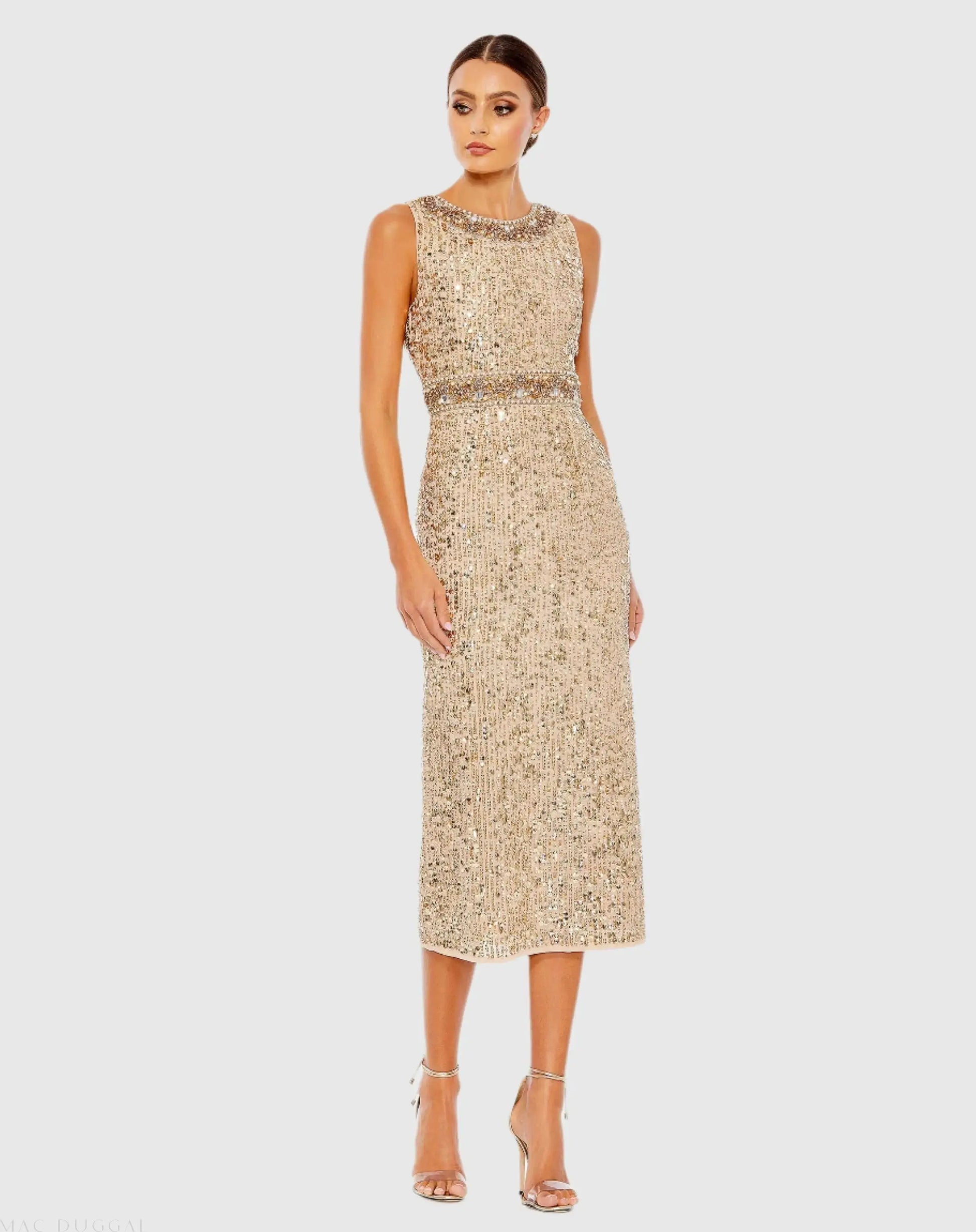 Embellished Sleeveless High Neck Midi Dress - Mac Duggal Embellished Sleeveless High Neck Midi Dress - Mac Duggal