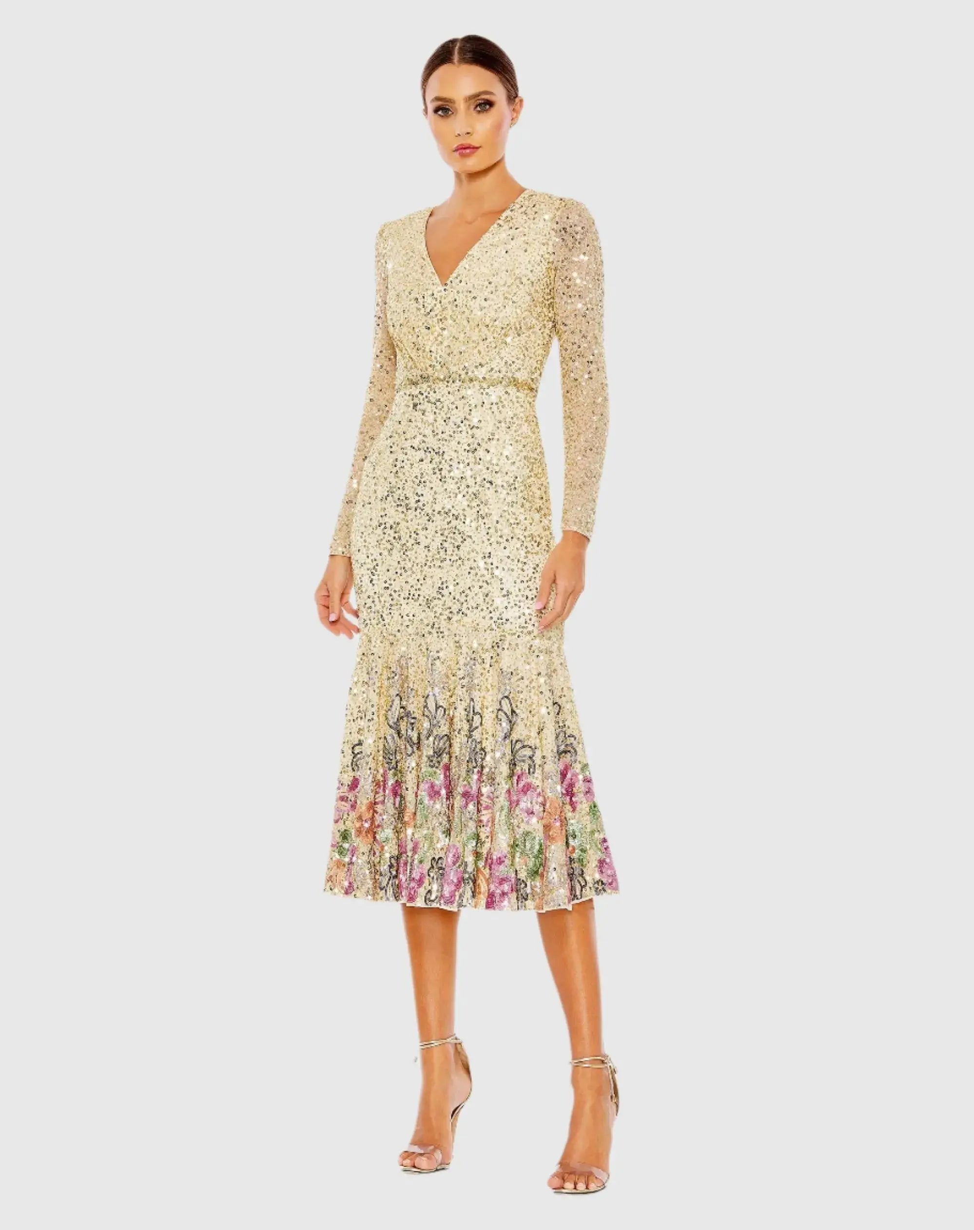 Long Sleeve Faux Wrap Embellished Tea Length Dress - Mac Duggal