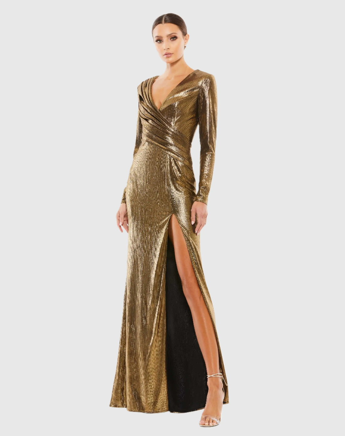 Ieena for Mac Duggal - Gold Metallic Long Sleeve Asymmetrical Ruched Gown - Gold / US 4 Ieena for Mac Duggal - Gold Metallic Long Sleeve Asymmetrical Ruched Gown - Gold / US 4