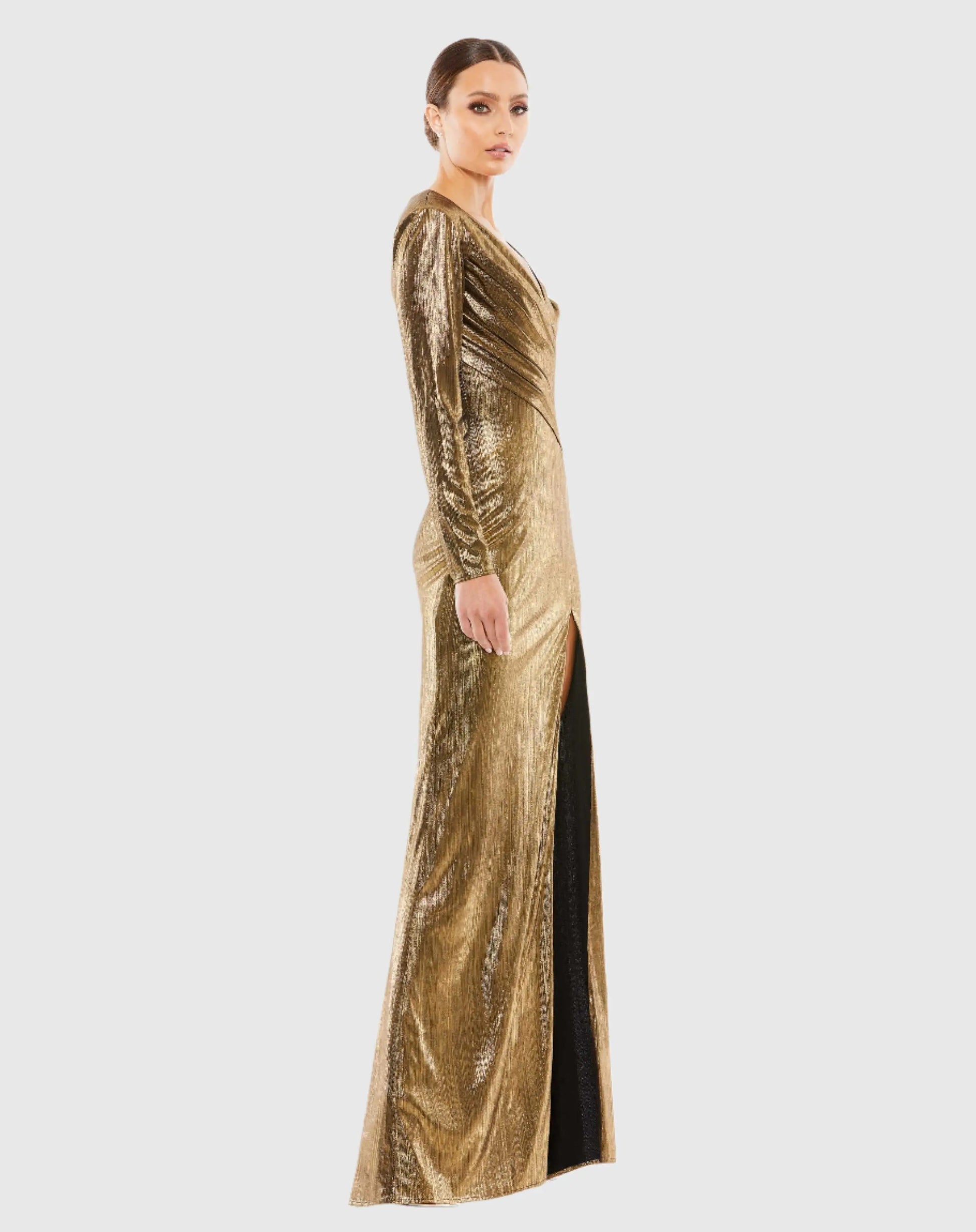 Gold Metallic Long Sleeve Asymmetrical Ruched Gown - Mac Duggal Gold Metallic Long Sleeve Asymmetrical Ruched Gown - Mac Duggal