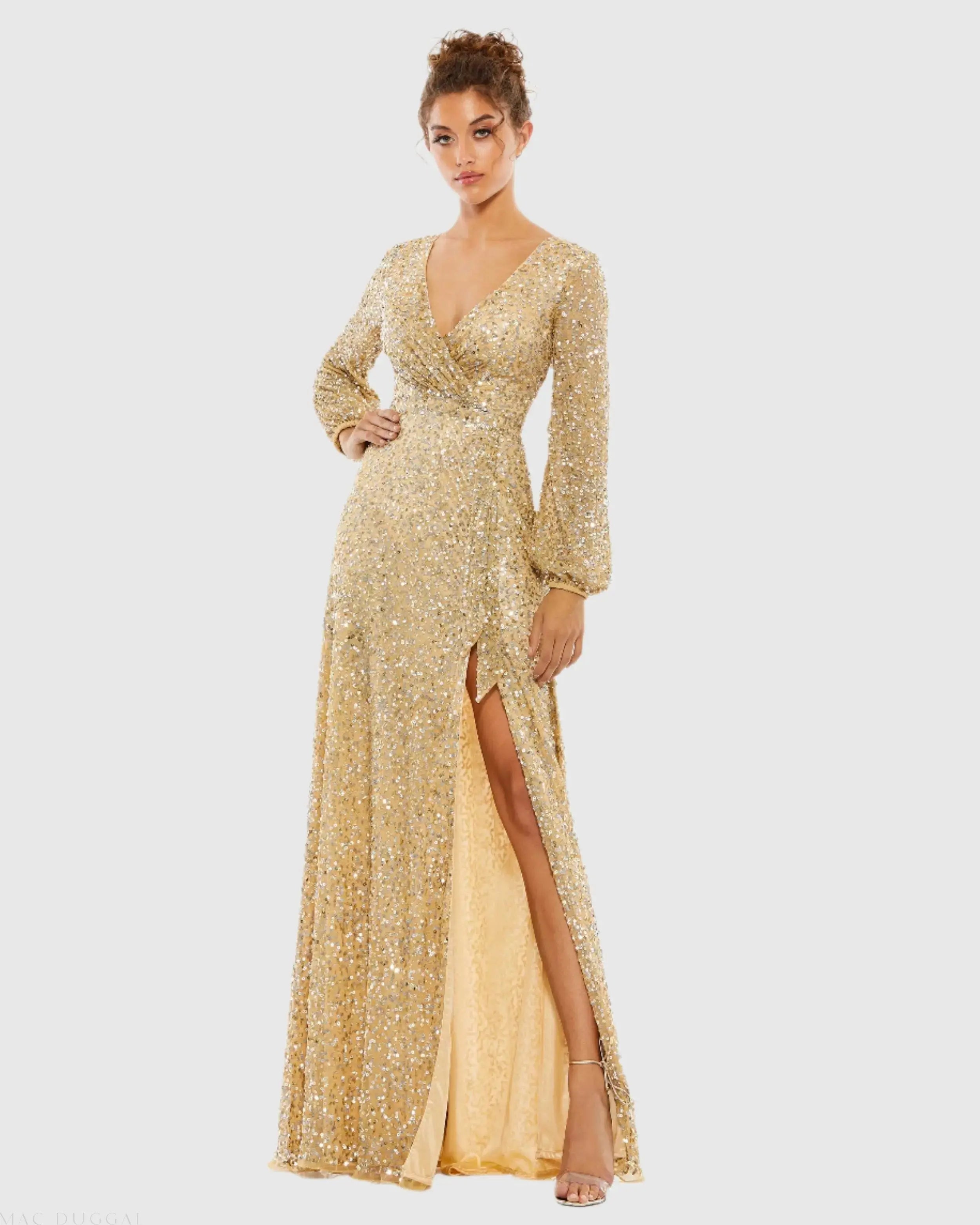 Gold Multi-Colored Sequin Long Sleeve Gown Mac Duggal