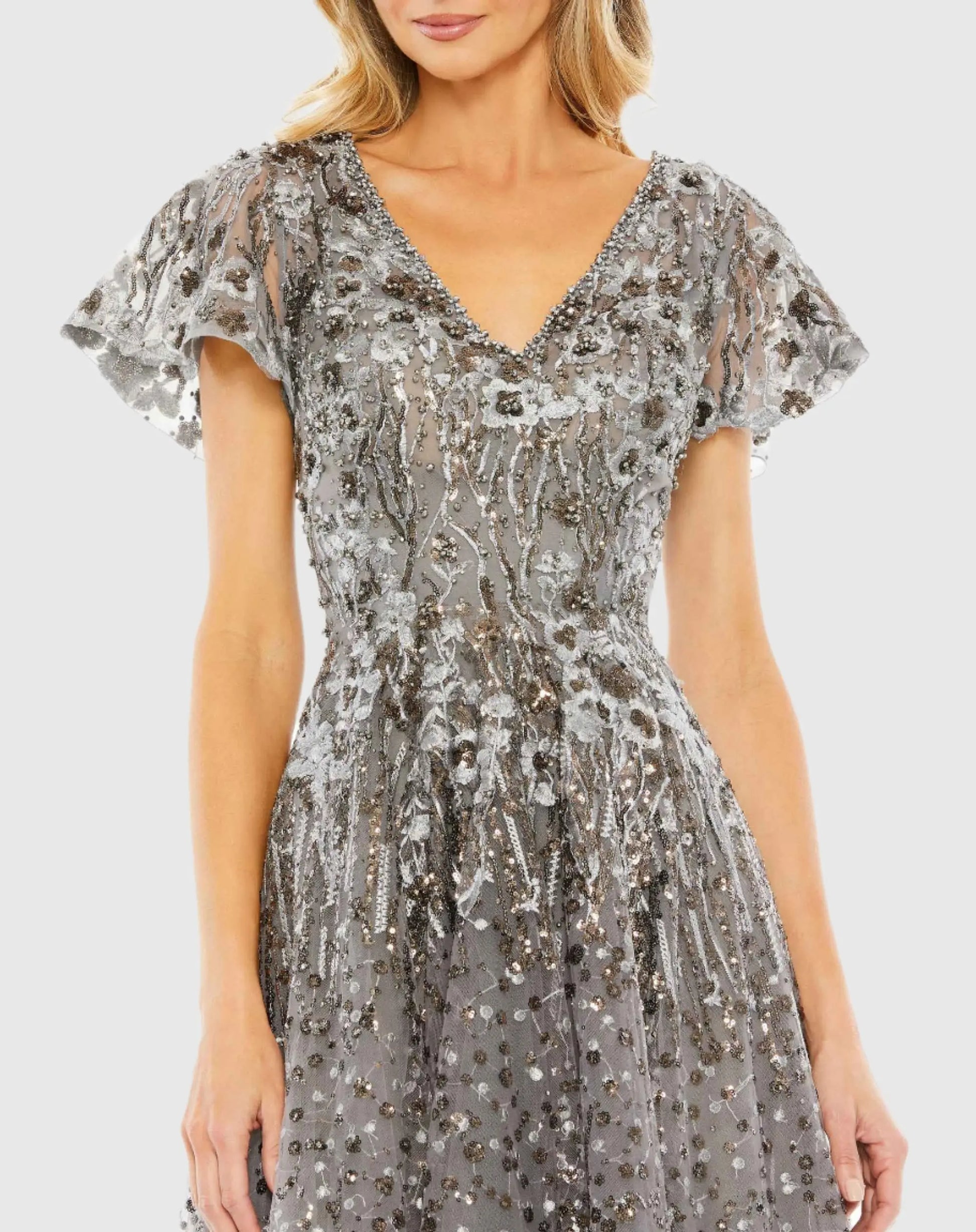 Gray Embellished Butterfly Fit and Flare Tea-Length Dress - Mac Duggal Gray Embellished Butterfly Fit and Flare Tea-Length Dress - Mac Duggal