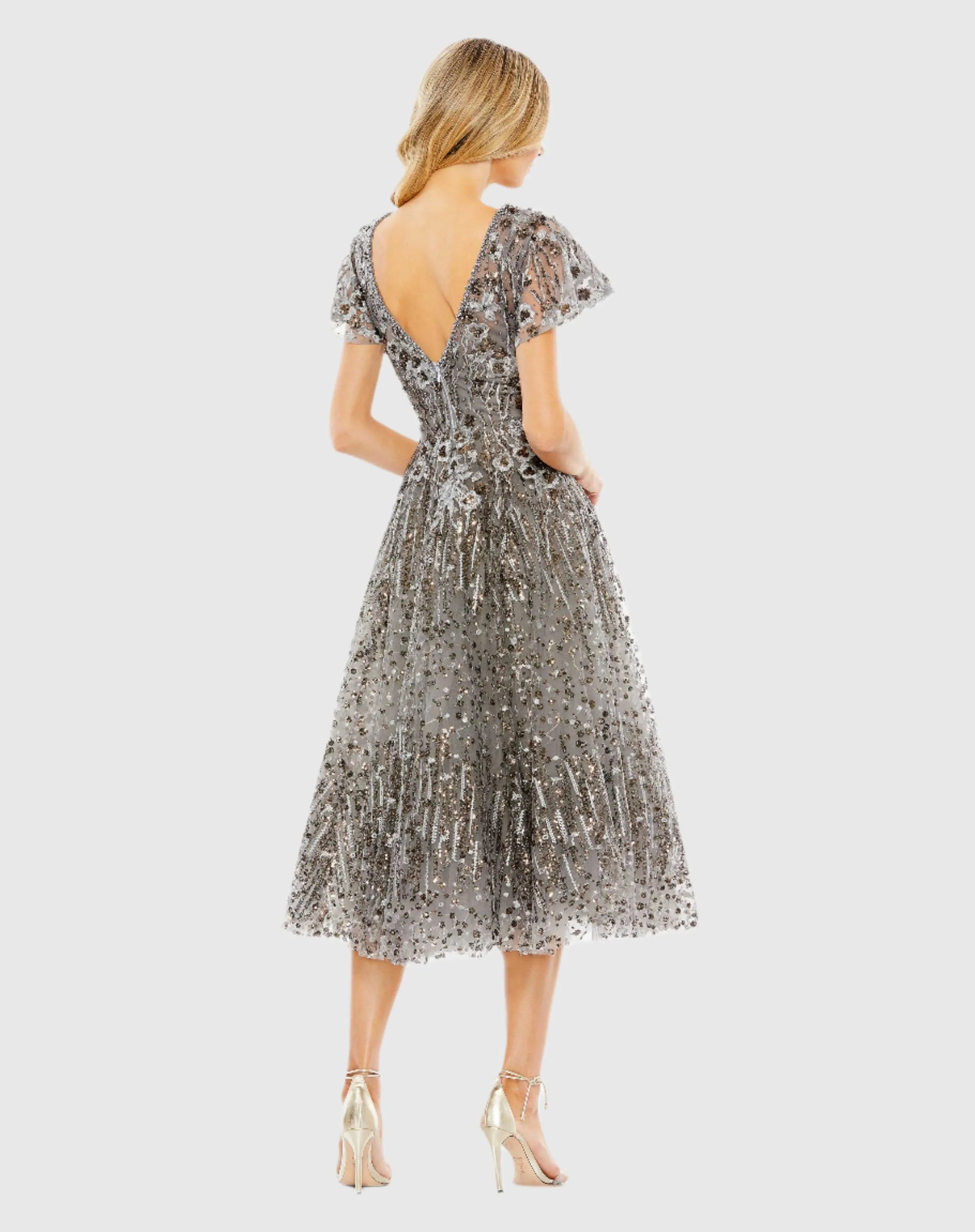Gray Embellished Butterfly Fit and Flare Tea-Length Dress - Mac Duggal