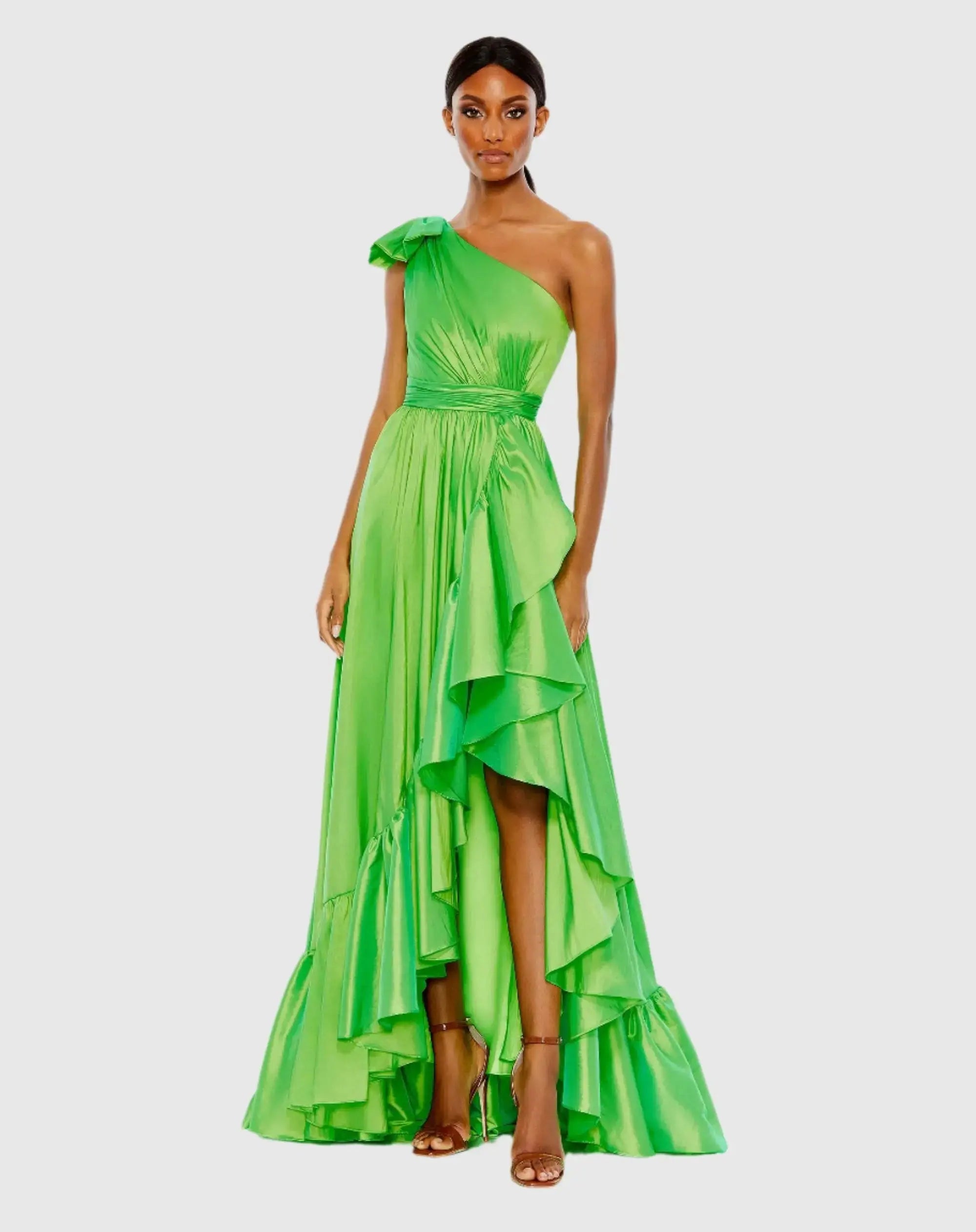 Green Bow One Shoulder Ruffle Asymmetrical Hem Gown