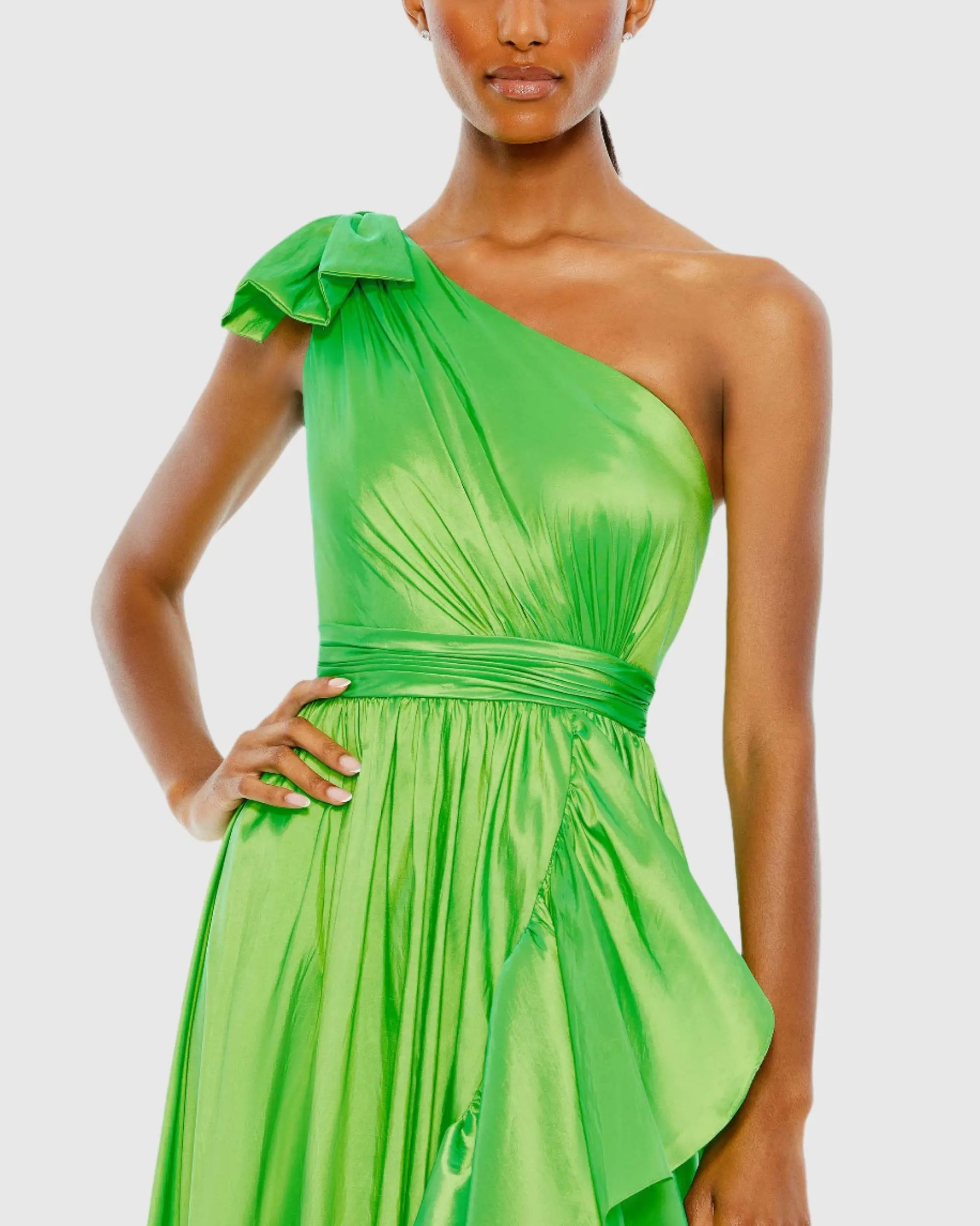 Green Bow One Shoulder Ruffle Asymmetrical Hem Gown - Mac Duggal