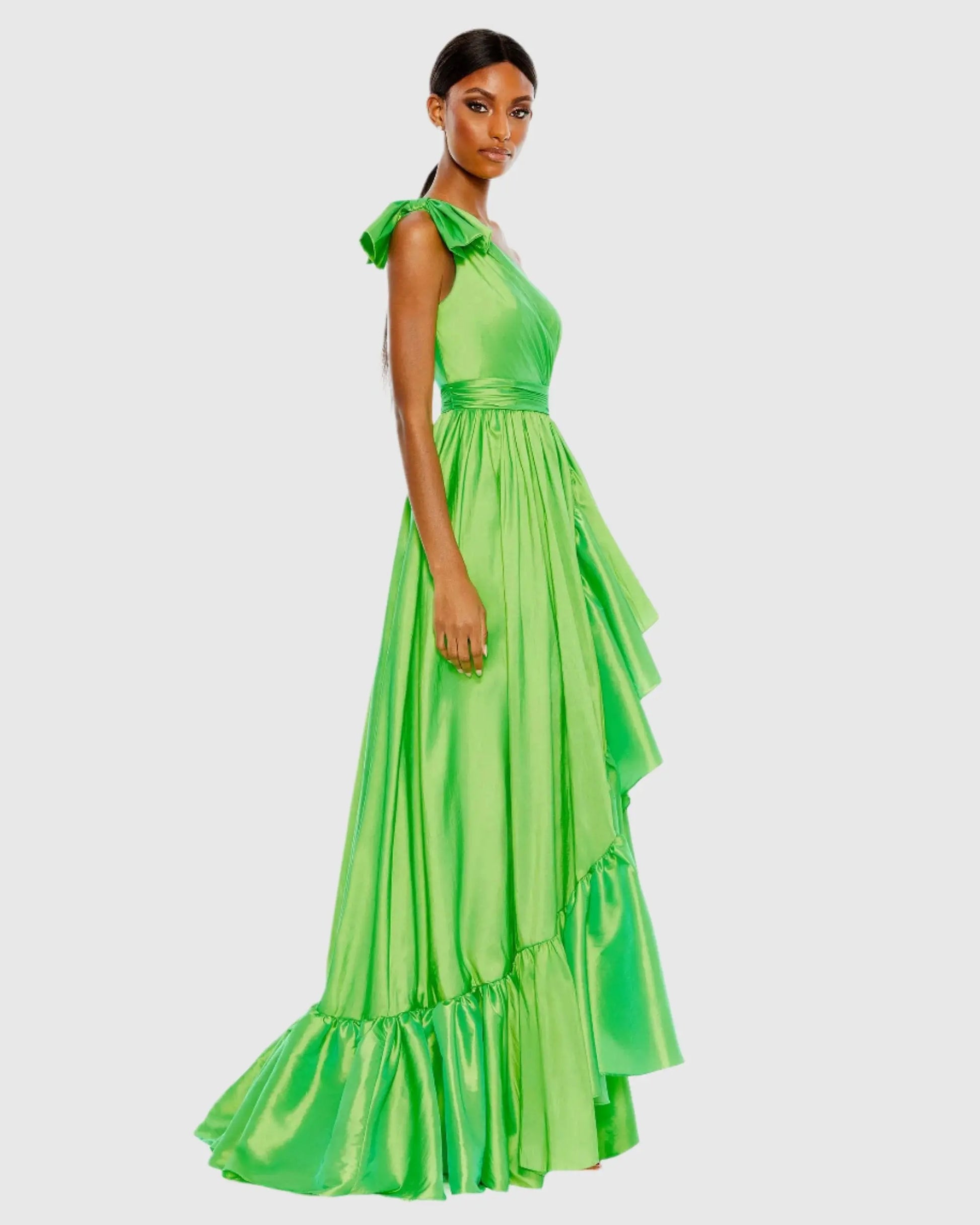 Green Bow One Shoulder Ruffle Asymmetrical Hem Gown - Mac Duggal