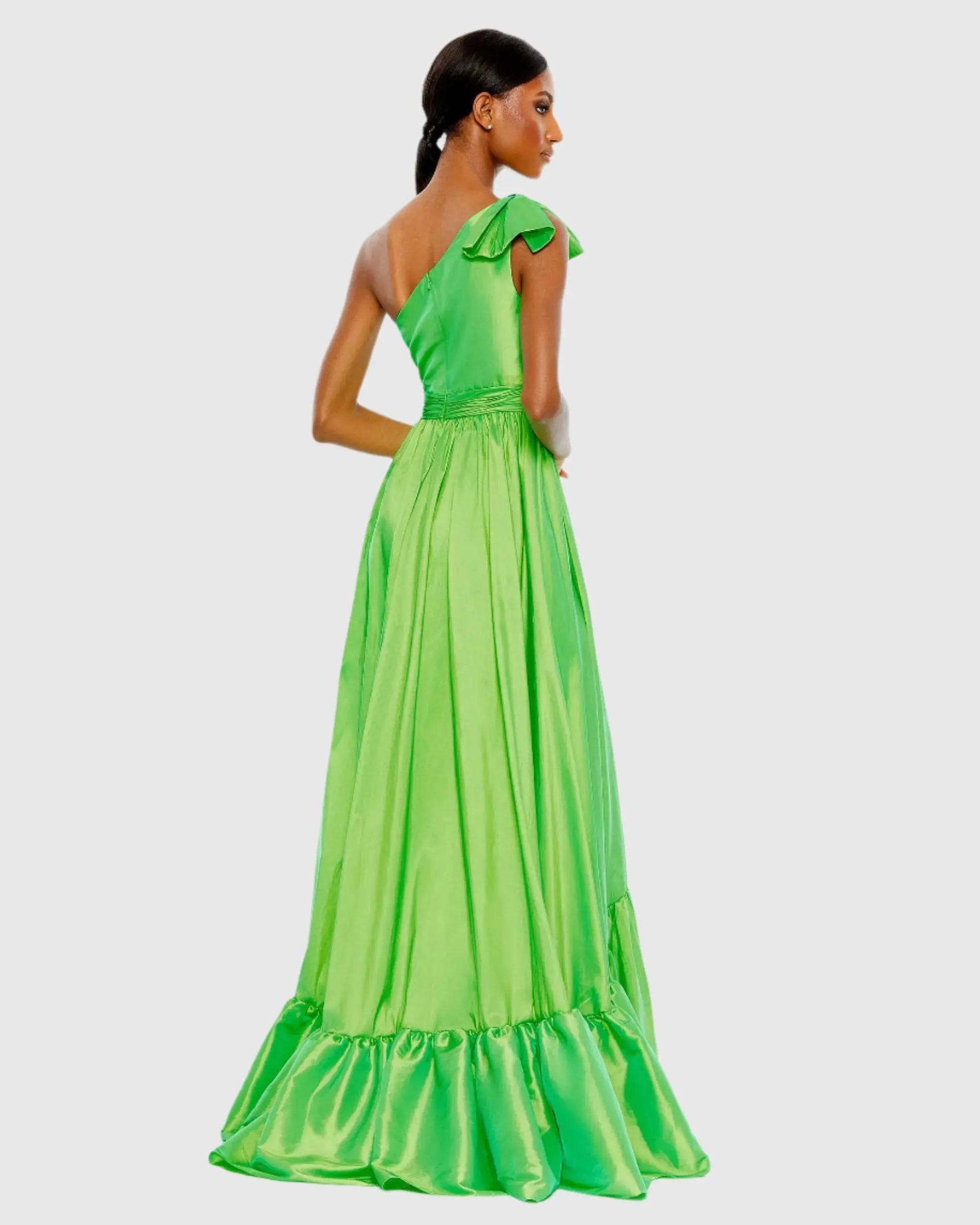 Green Bow One Shoulder Ruffle Asymmetrical Hem Gown - Mac Duggal