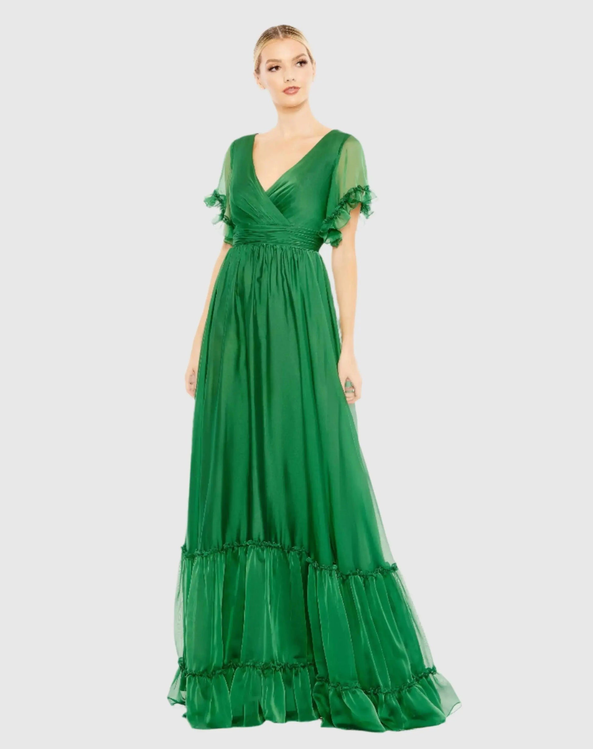 Butterfly Ruffle Trimmed Sleeve Wrap Over Flowy Gown - Mac Duggal Butterfly Ruffle Trimmed Sleeve Wrap Over Flowy Gown - Mac Duggal