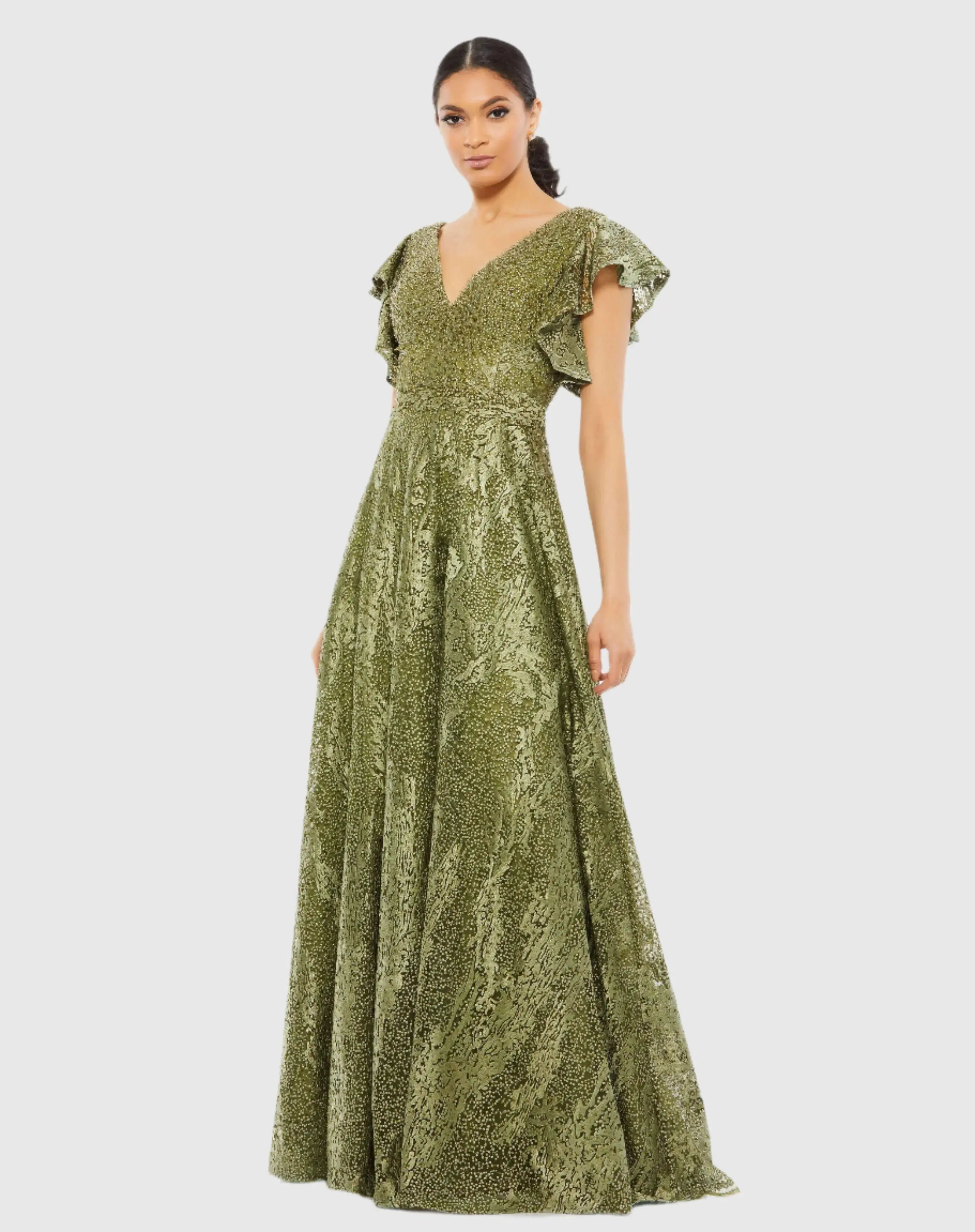 Green Embroidered Flutter Sleeve V-Neck Gown - Mac Duggal
