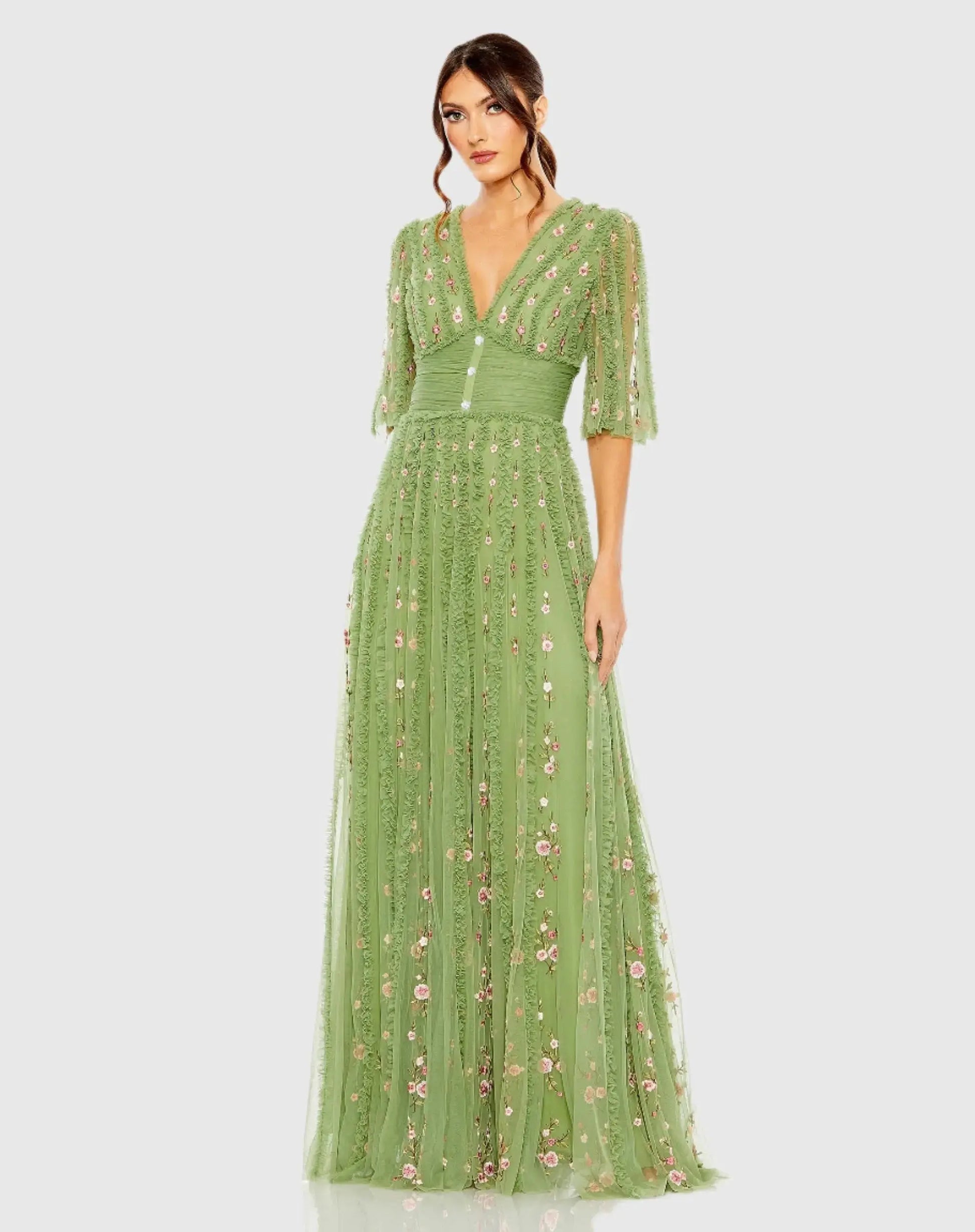 Floral V-Neck Ruffle Detail Empire Waist Gown - Mac Duggal Floral V-Neck Ruffle Detail Empire Waist Gown - Mac Duggal