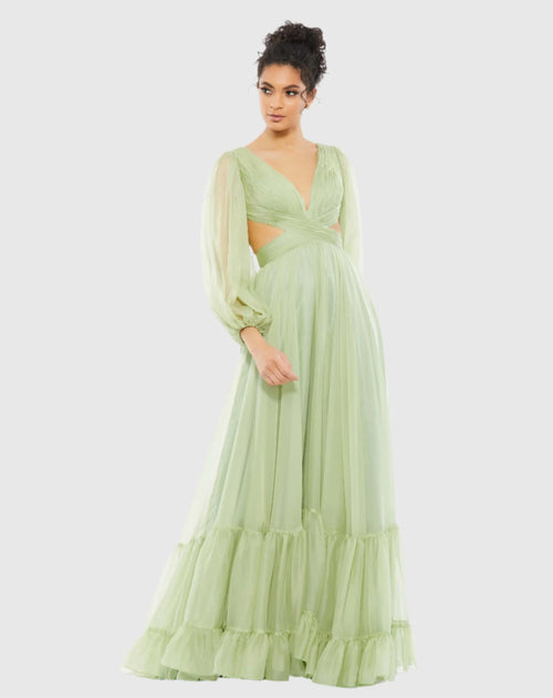 Green Pleated Cut Out Long Sleeve Lace Up Tiered Gown