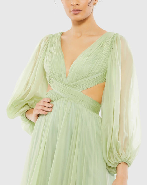 Green Pleated Cut Out Long Sleeve Lace Up Tiered Gown - Mac Duggal