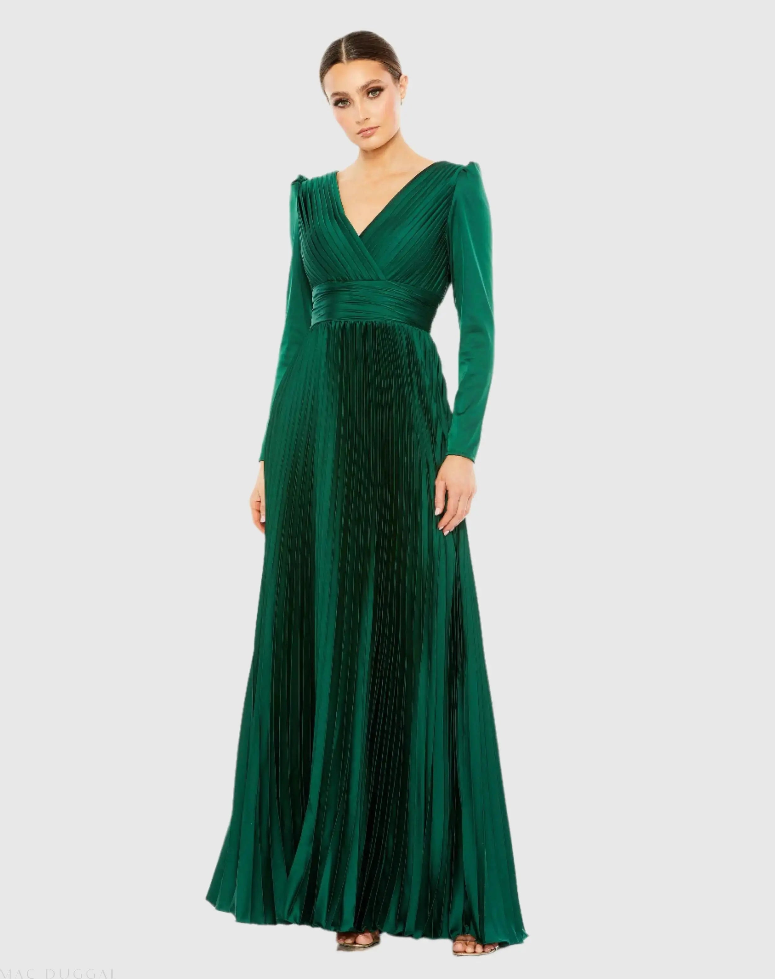 Green Pleated Long Sleeve V-Neck Gown Ieena for Mac Duggal 