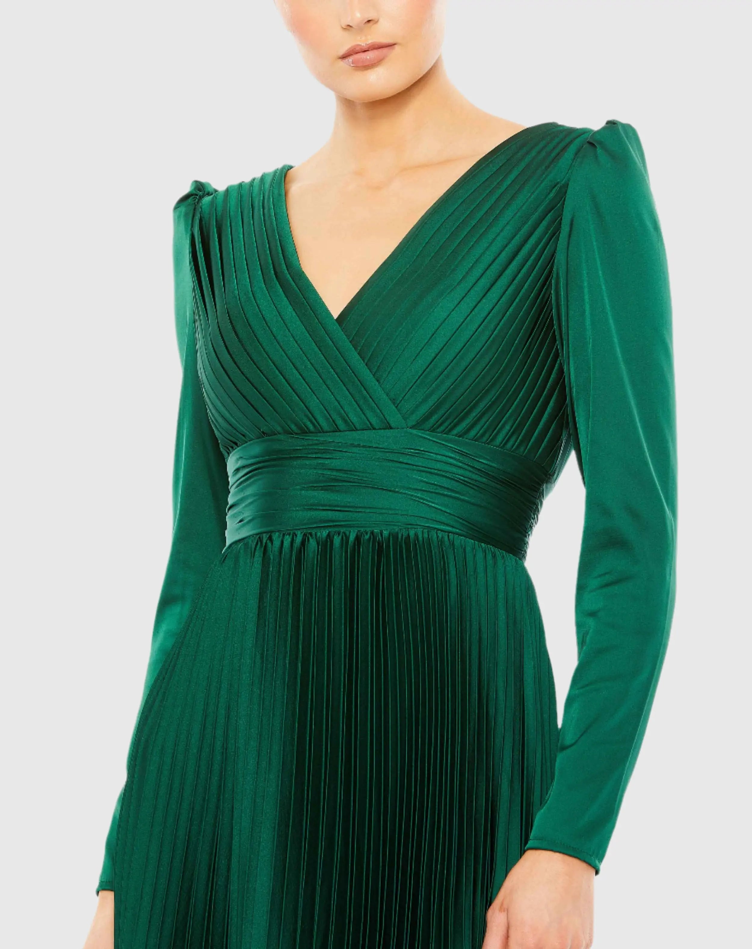 Green Pleated Long Sleeve V-Neck Gown - Mac Duggal