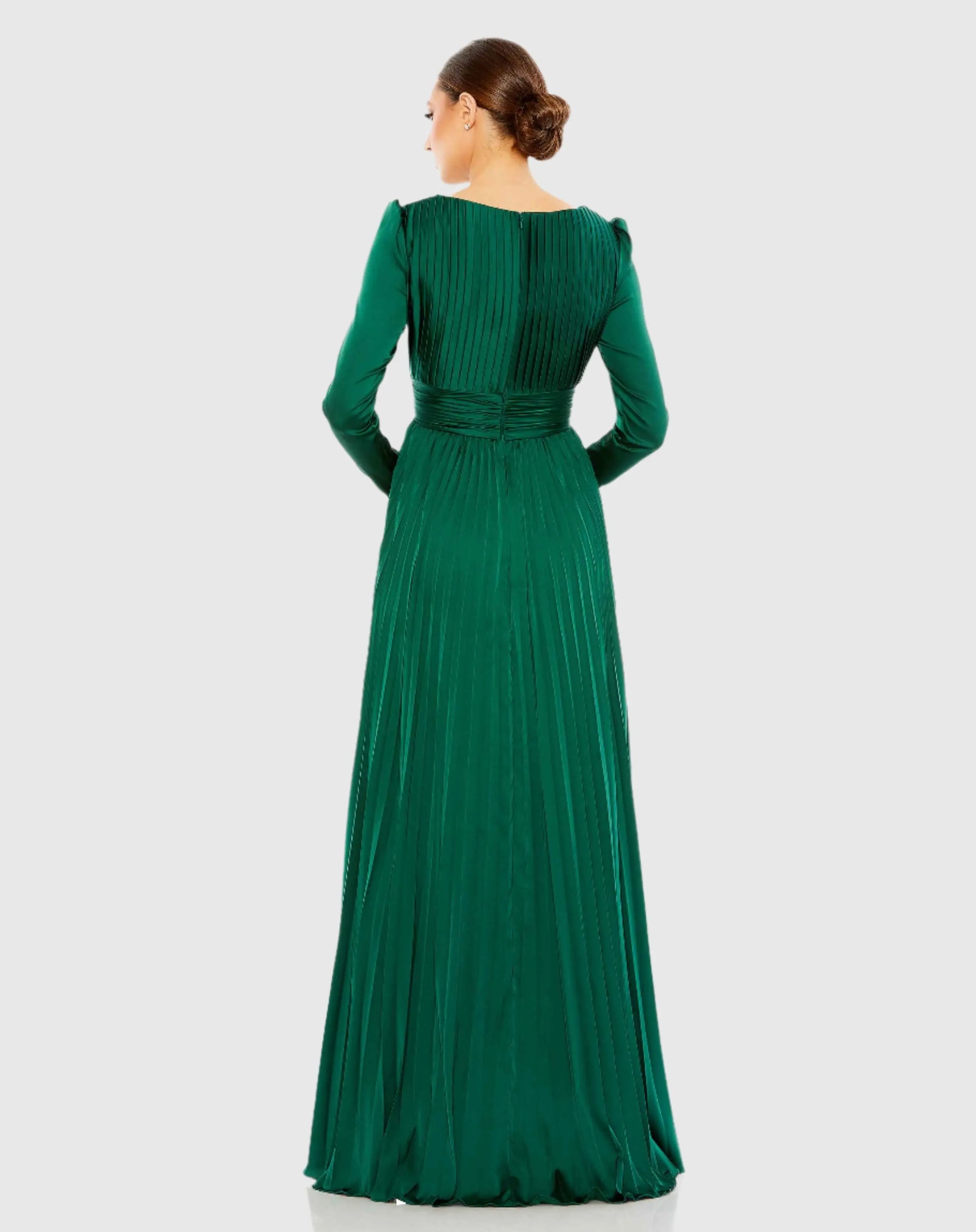 Green Pleated Long Sleeve V-Neck Gown Green Pleated Long Sleeve V-Neck Gown