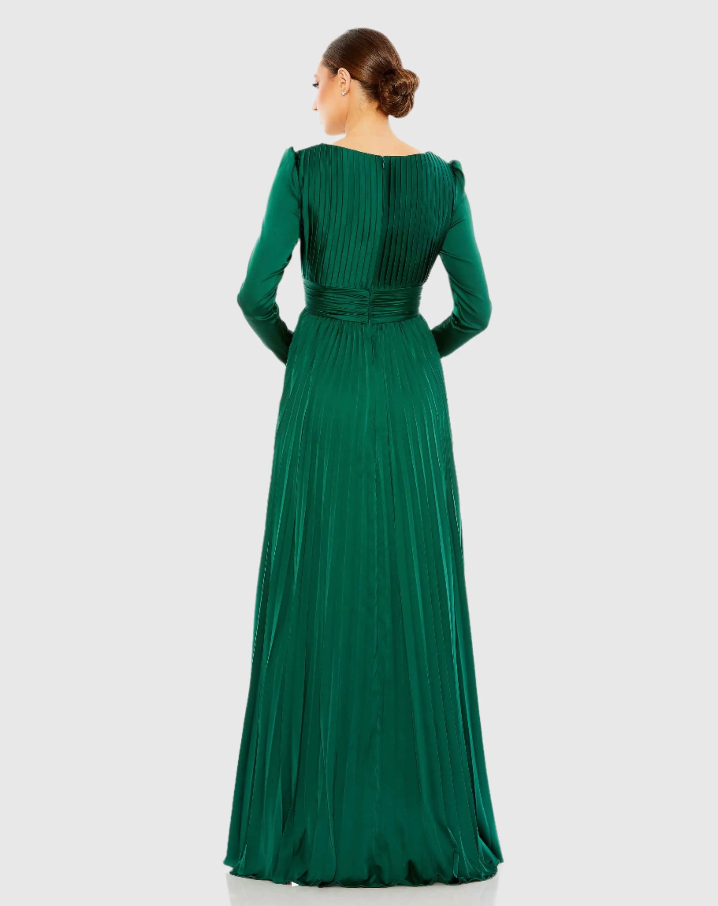 Green Pleated Long Sleeve V-Neck Gown - Mac Duggal