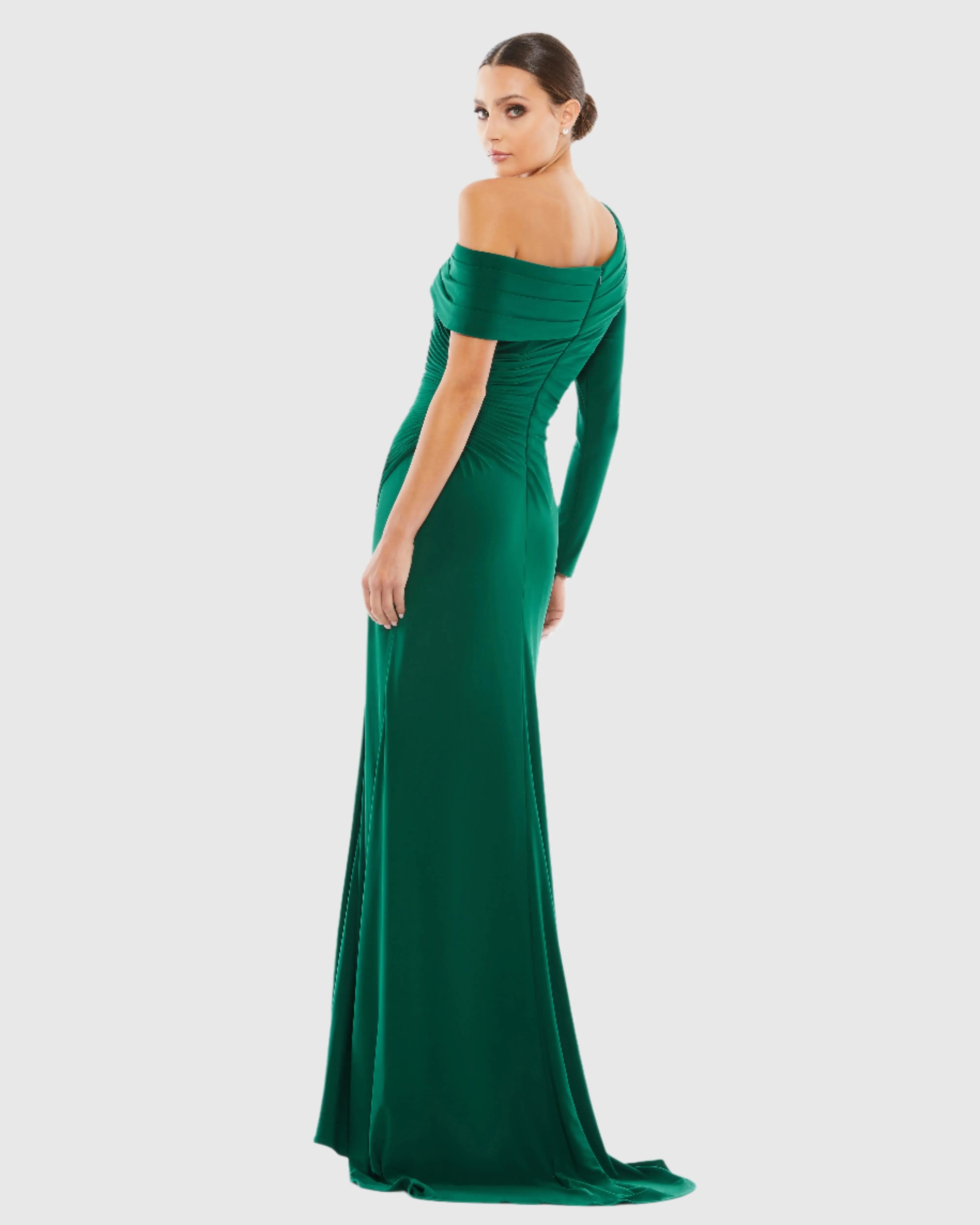 Green Ruched Jersey Drop Shoulder Foldover Gown - Mac Duggal
