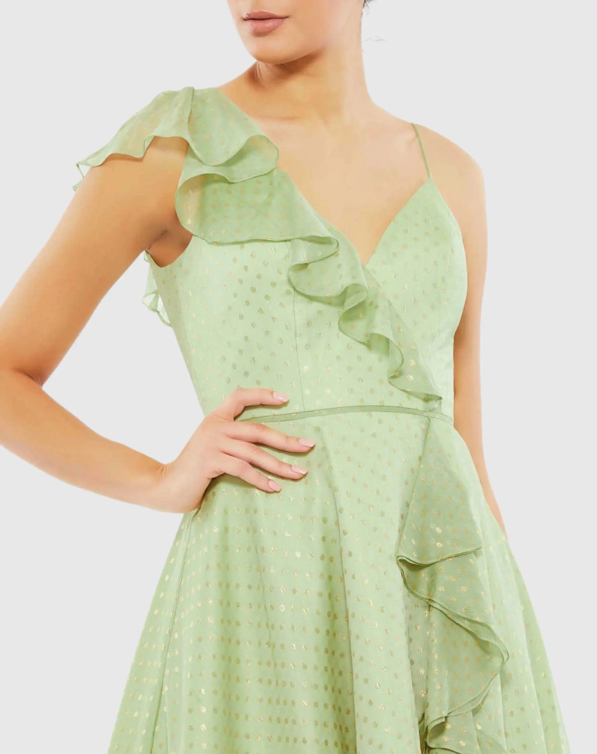 Green Ruffled Faux Wrap Midi Dress | Mac Duggal Green Ruffled Faux Wrap Midi Dress | Mac Duggal