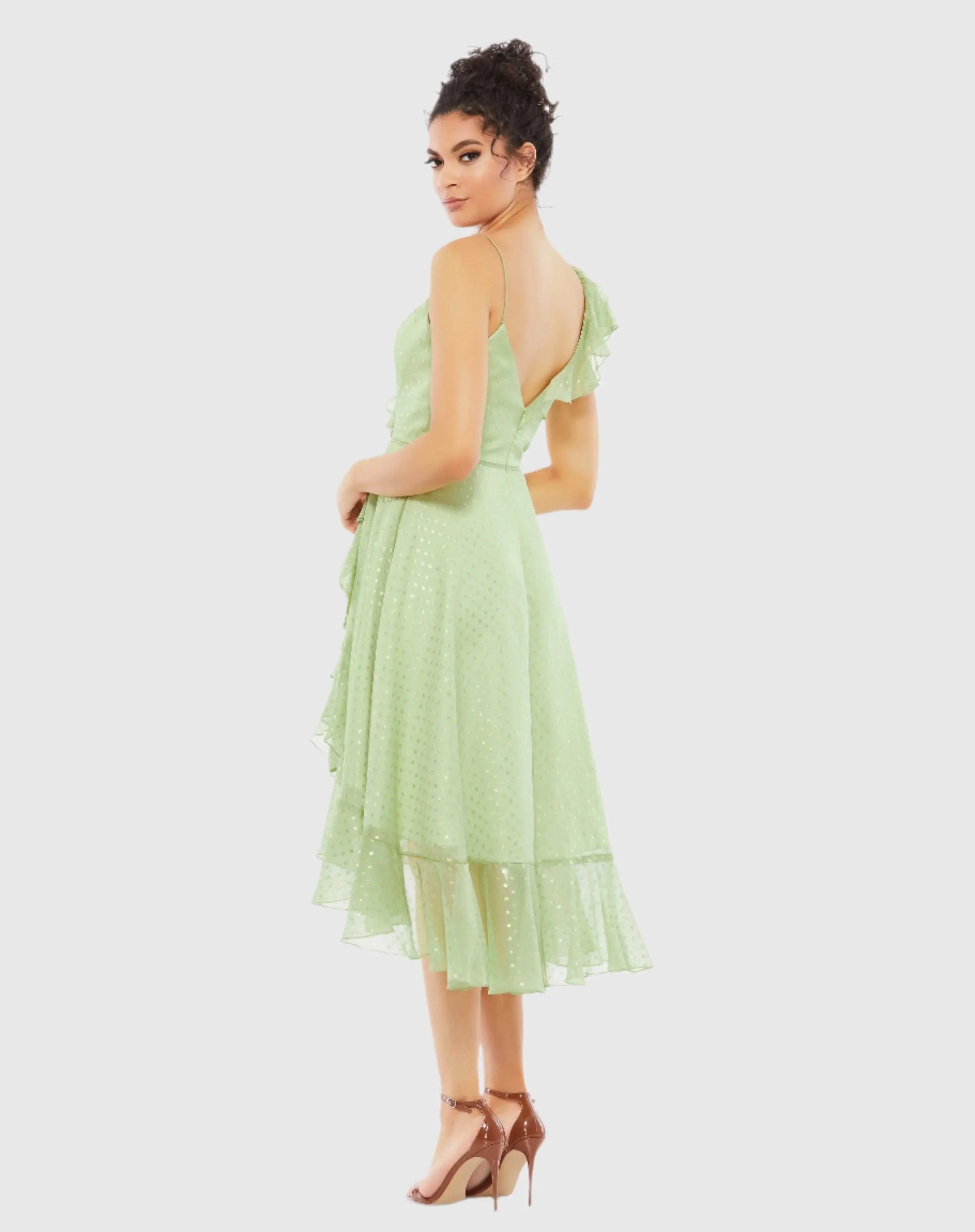 Green Ruffled Faux Wrap Midi Dress | Mac Duggal Green Ruffled Faux Wrap Midi Dress | Mac Duggal