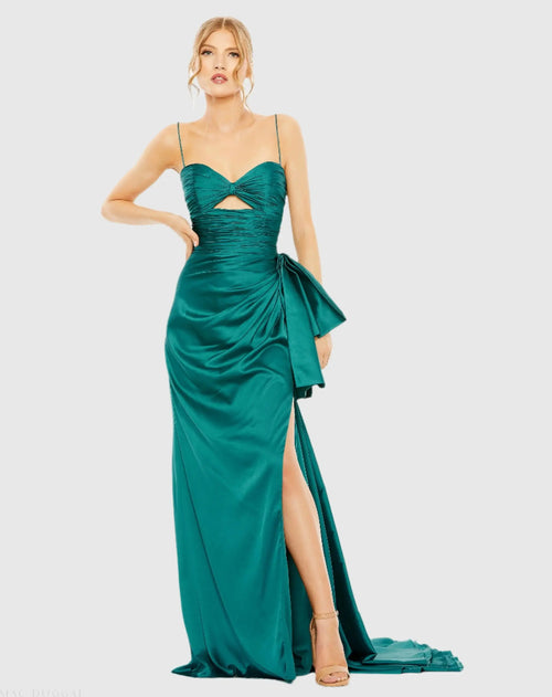 Green Spaghetti Strap Cut Out Side Bow Gown - Mac Duggal