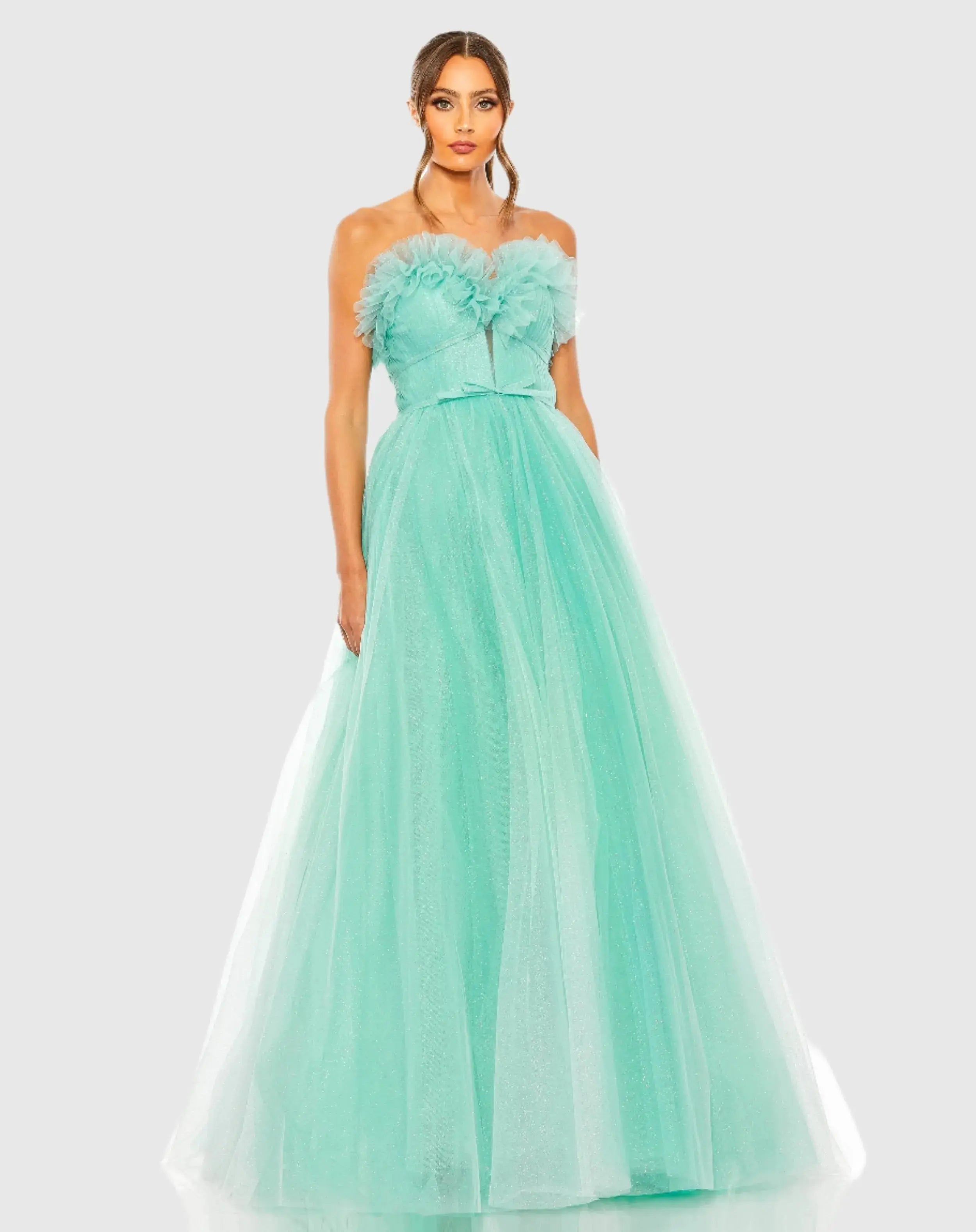 Green Strapless Glitter Tulle Gown