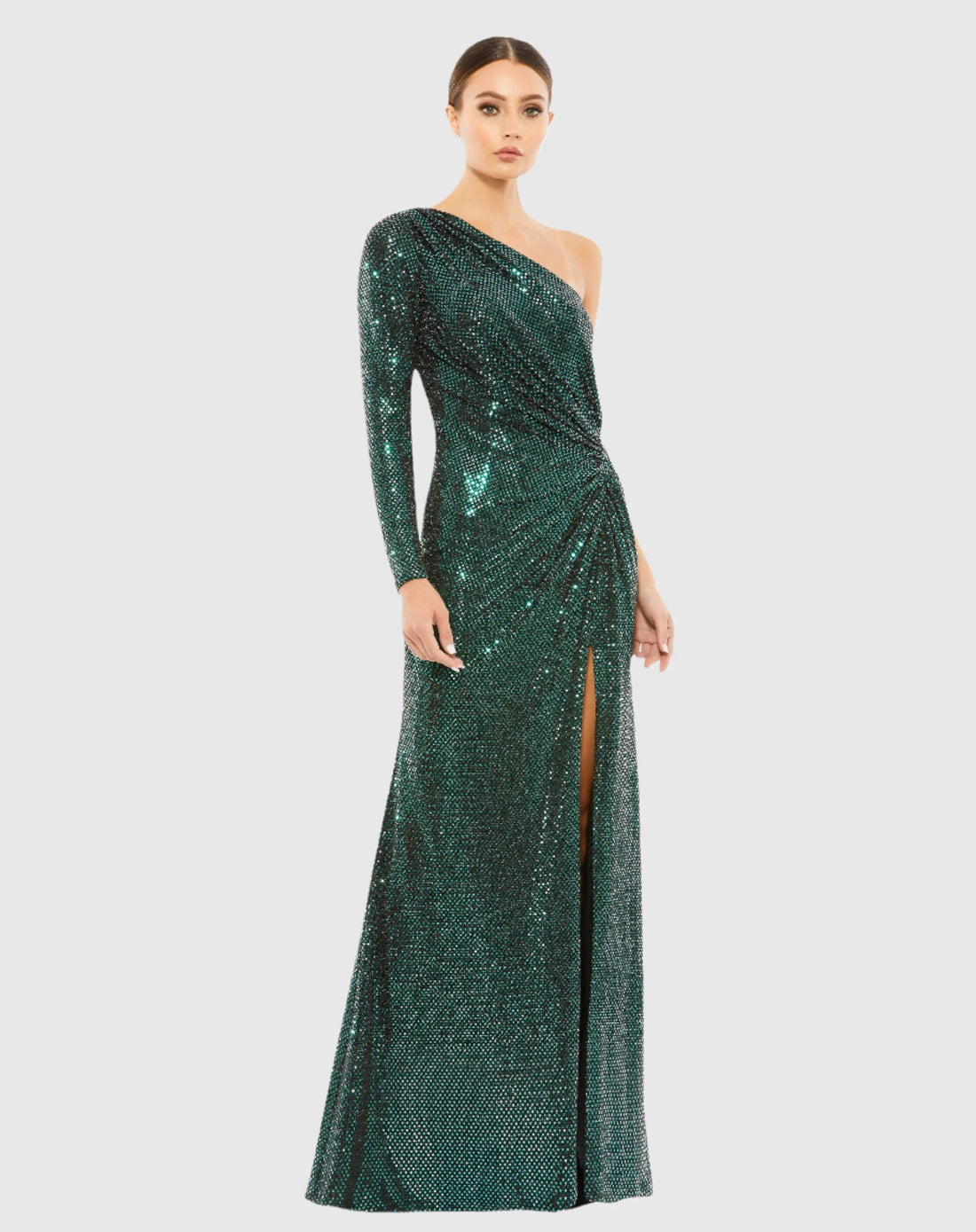 Green One Sleeve Draped Sequin Gown | Mac Duggal Green One Sleeve Draped Sequin Gown | Mac Duggal