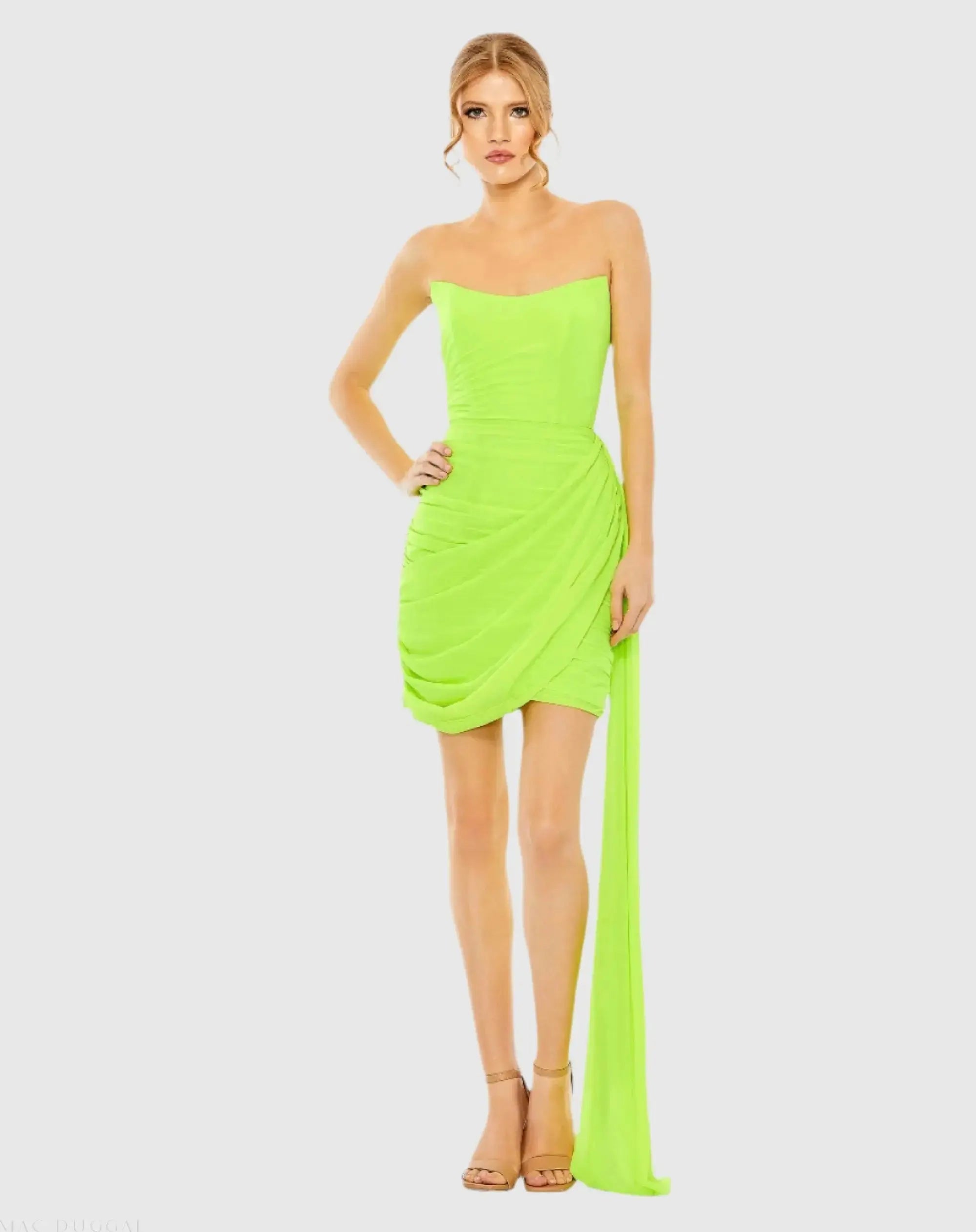Green Strapless Ruched Faux Wrap Dress - Mac Duggal