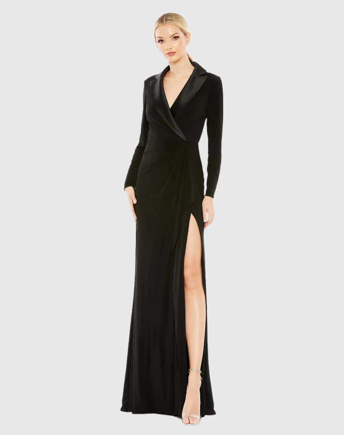 tuxedo midi dress with sleeves Work Suit Dress White Long Sleeve Pocketed Black Lapel Midi Dress-chiclody, Black White US2