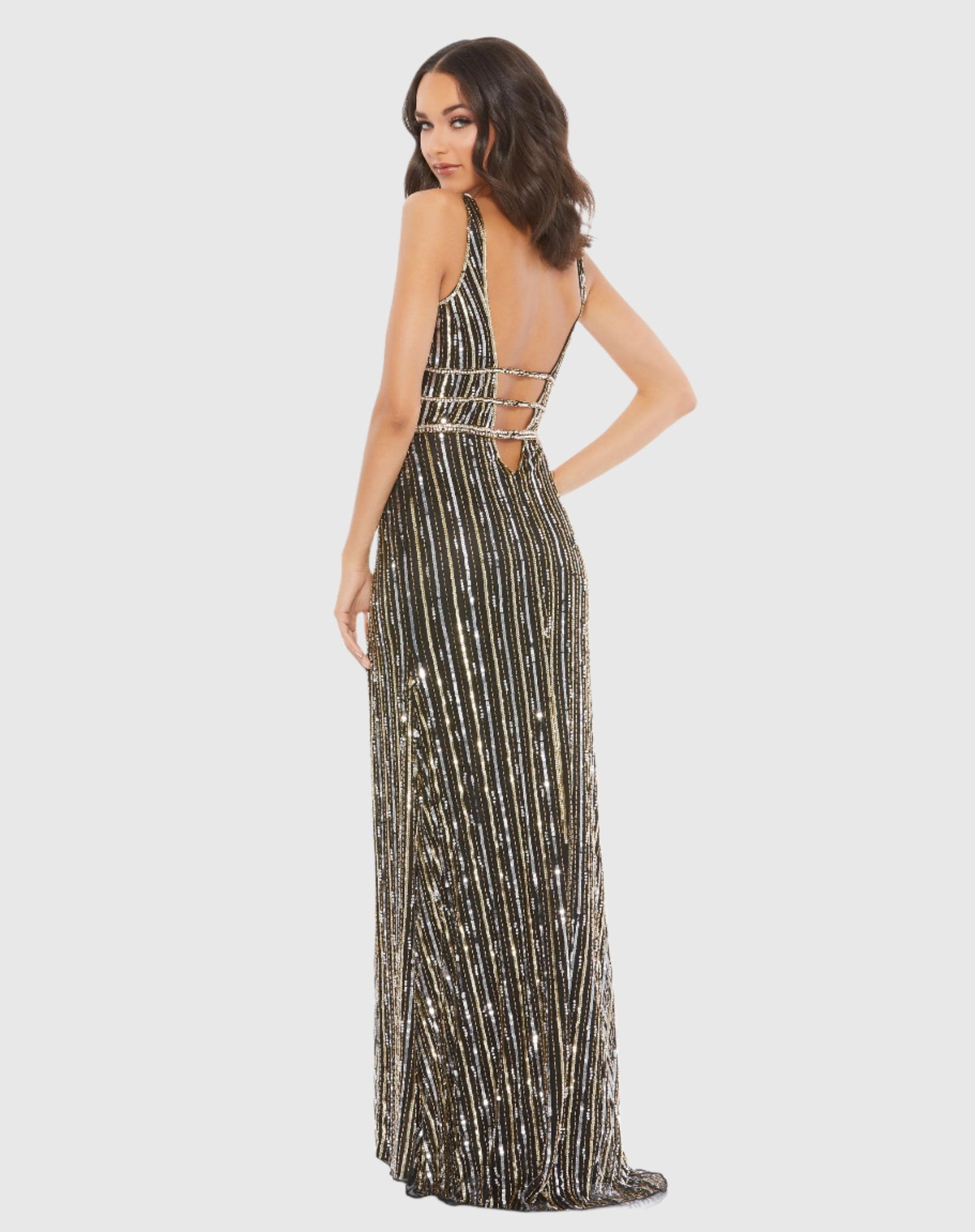 Metallic Embellished Plunge Neck Open Back Gown Mac Duggal