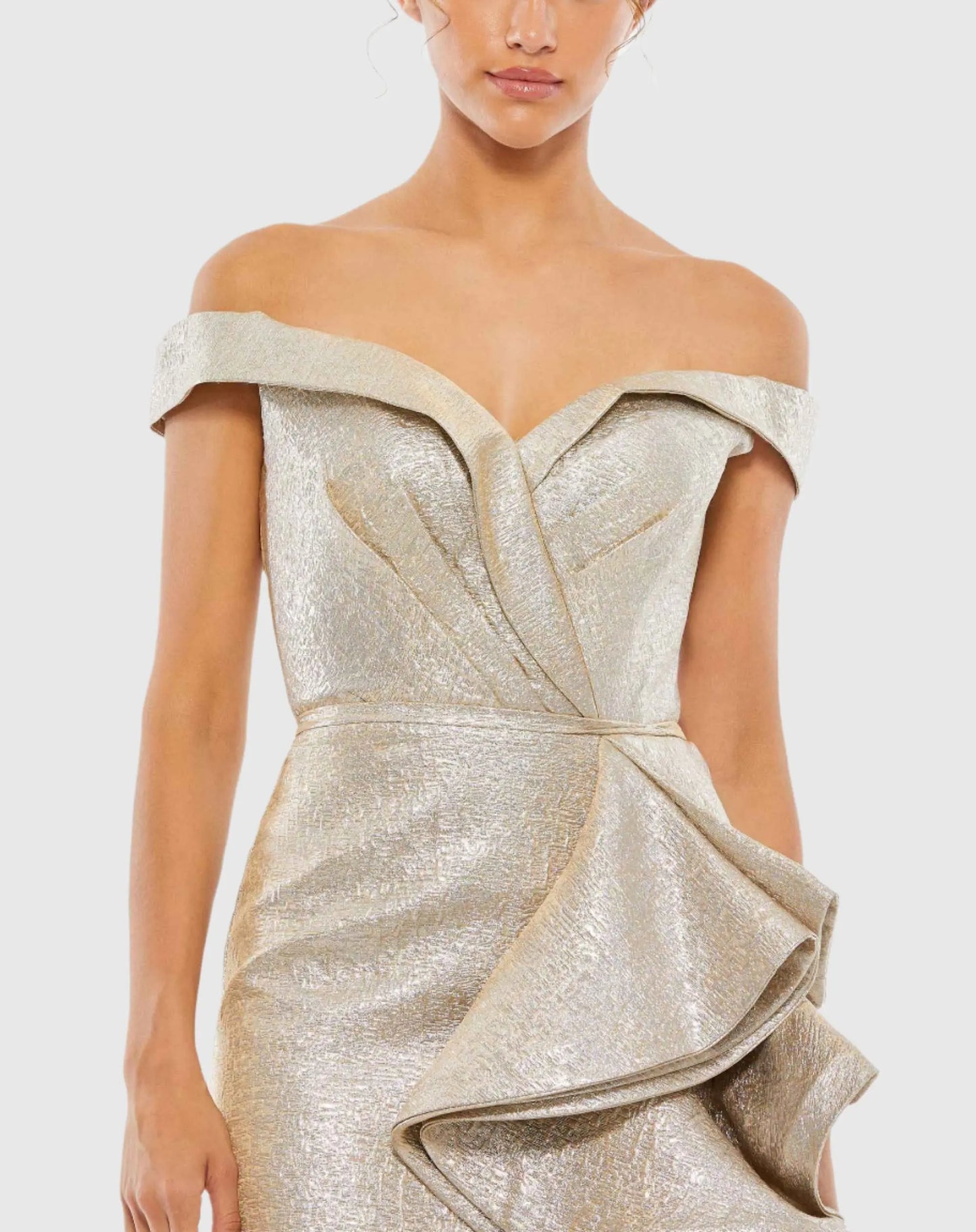 Metallic Off Shoulder Side Ruffle Mini Dress - Mac Duggal