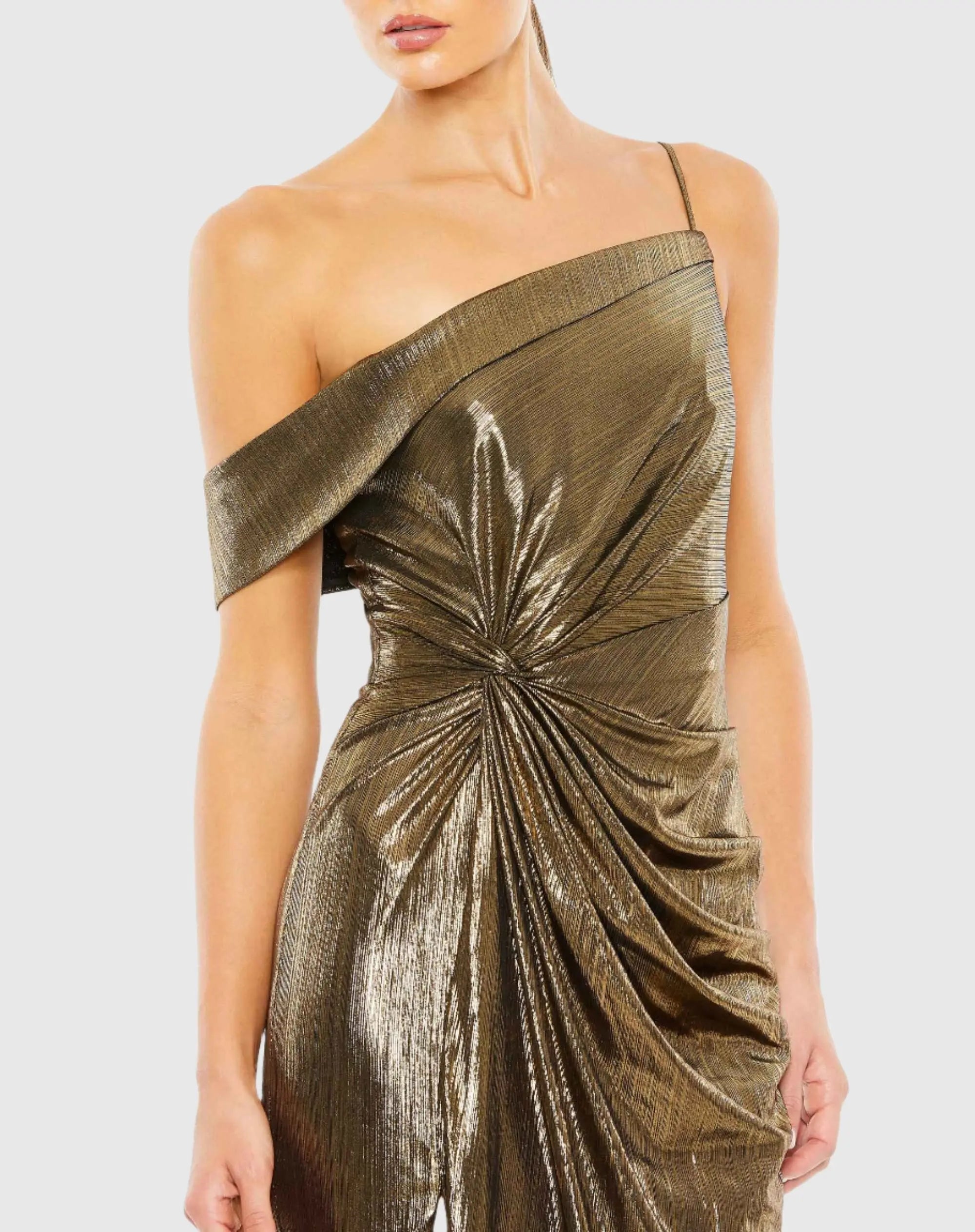 ieena for mac duggal gold dress Mac Duggal Asymmetrical Draped Trumpet Gown