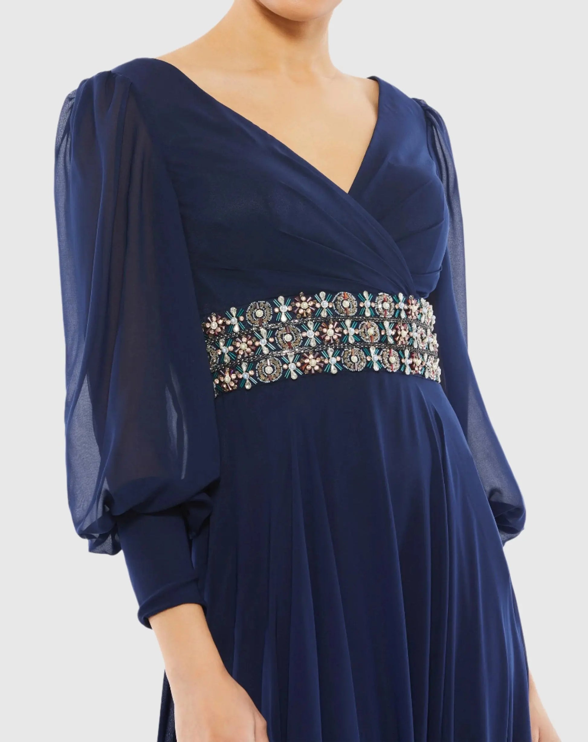 Bishop Sleeve Wrap Over Belt Detail Flowy Gown - Mac Duggal Bishop Sleeve Wrap Over Belt Detail Flowy Gown - Mac Duggal