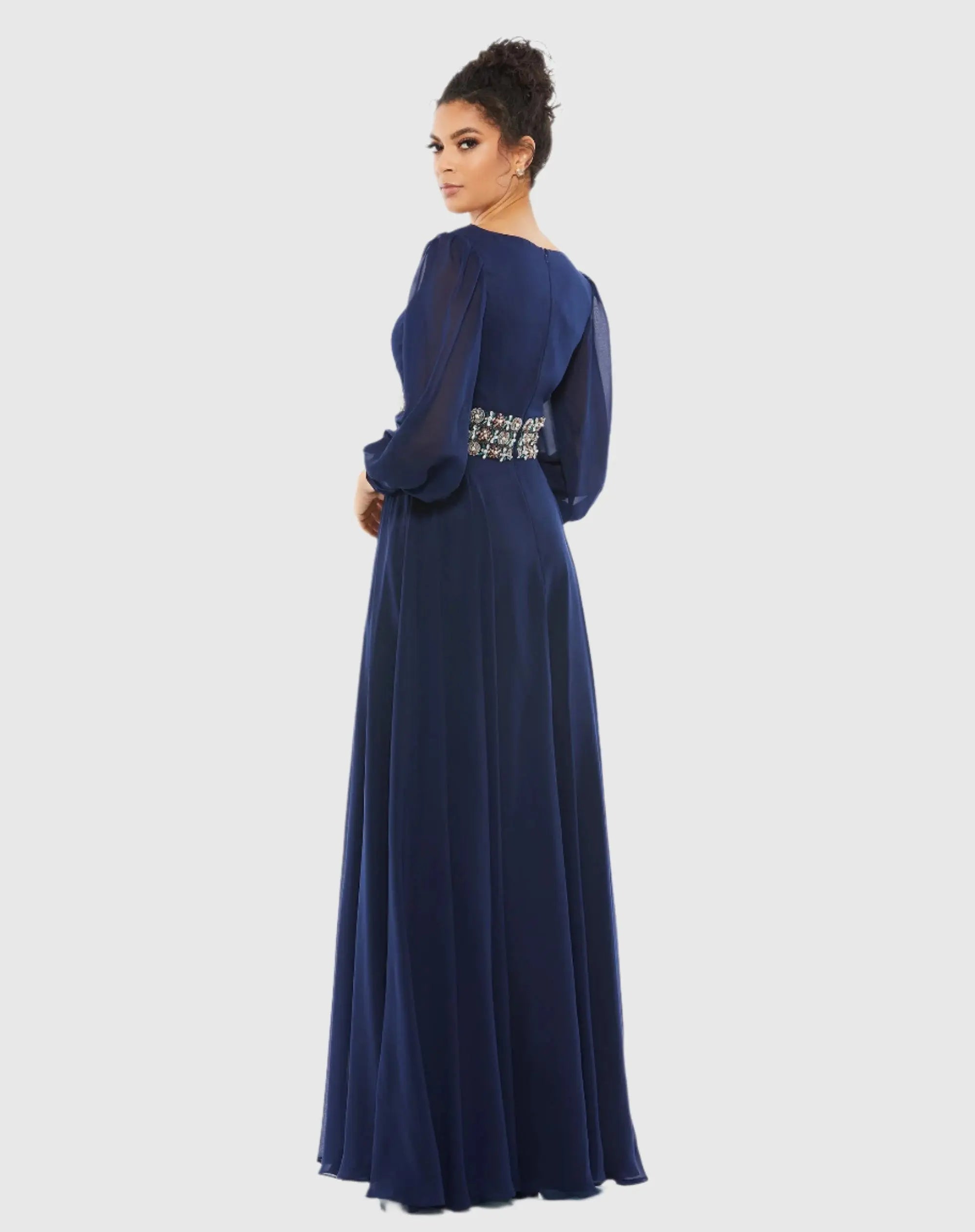 Bishop Sleeve Wrap Over Belt Detail Flowy Gown - Mac Duggal