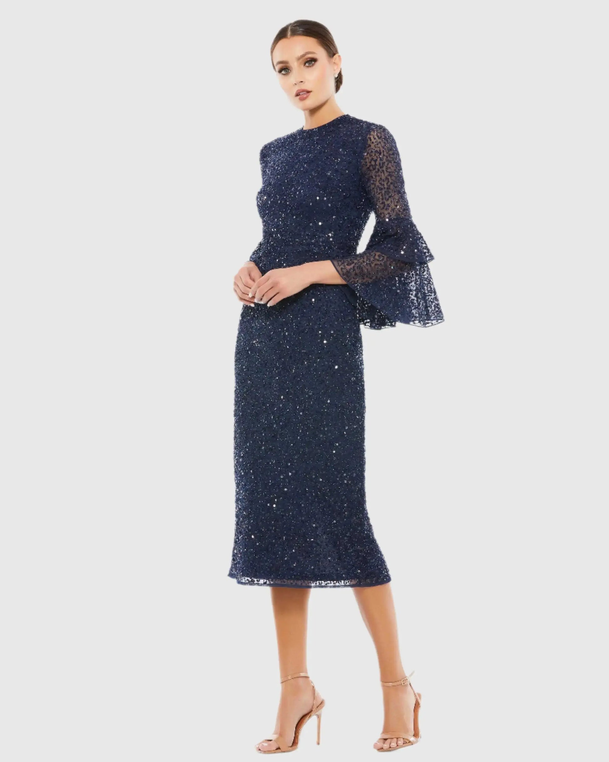 Fully Sequined Ruffle Tiered 3/4 Sleeve Midi Dress - Mac Duggal Fully Sequined Ruffle Tiered 3/4 Sleeve Midi Dress - Mac Duggal