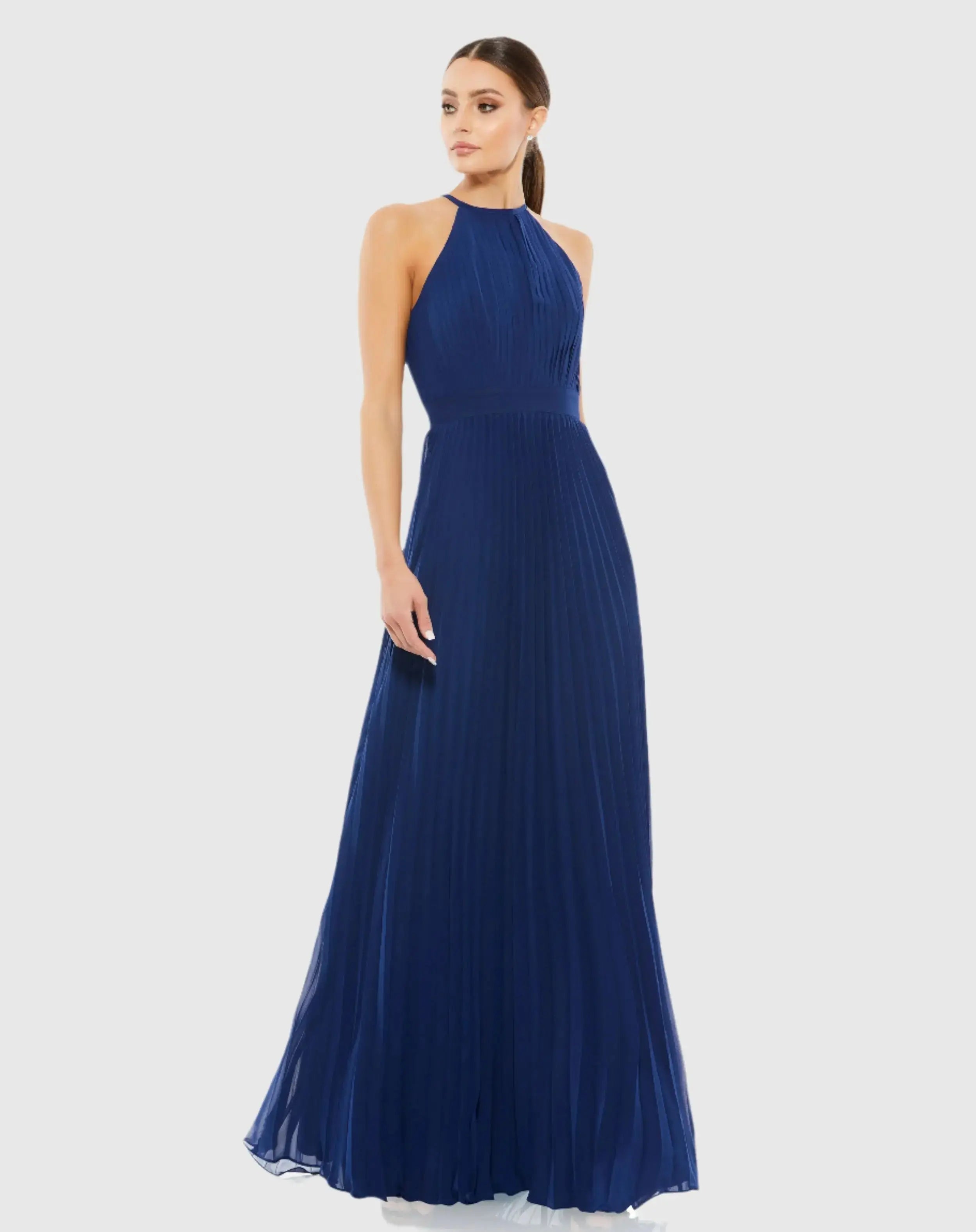 Pleated Halter Neck Flowy Gown - Mac Duggal Pleated Halter Neck Flowy Gown - Mac Duggal