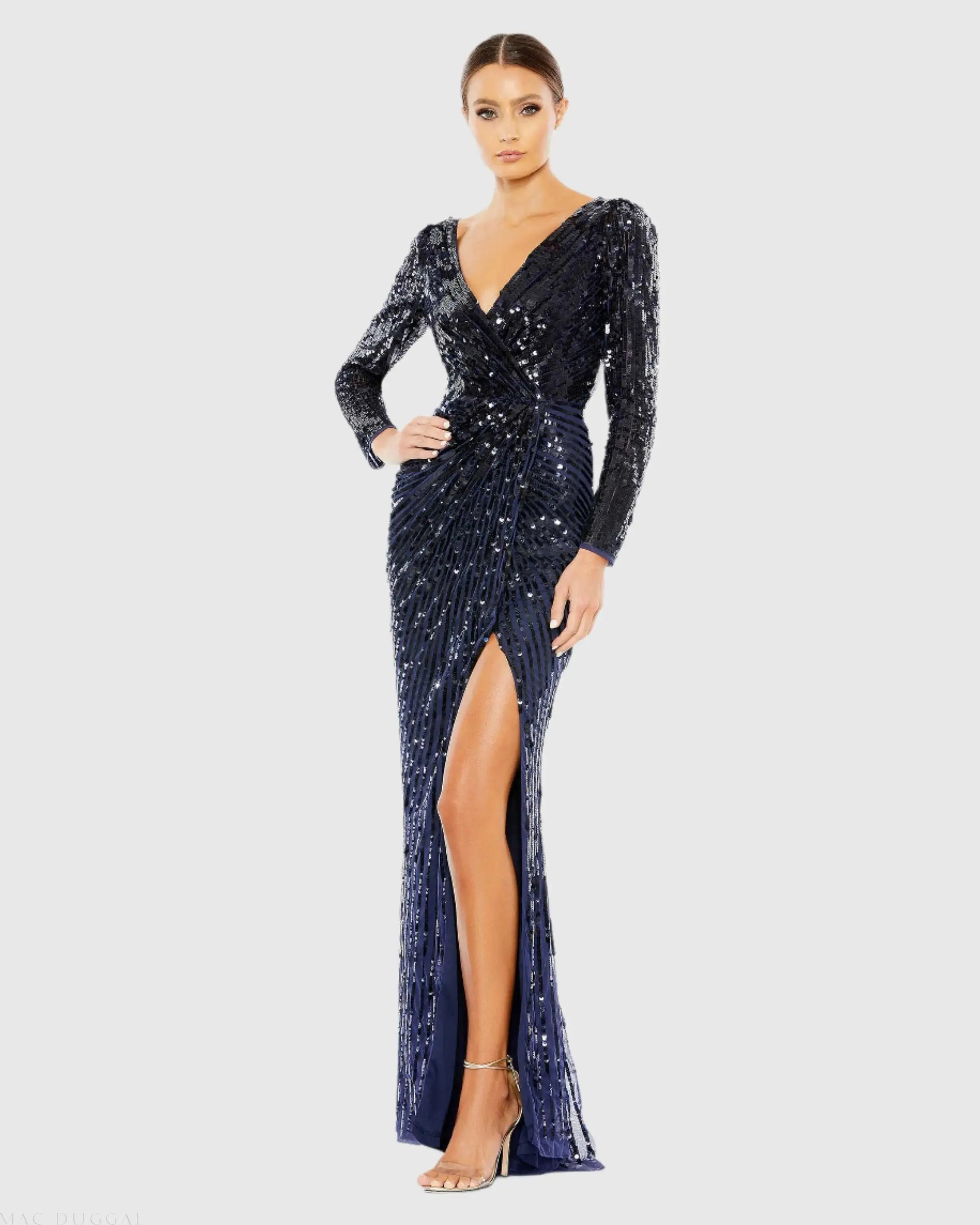Navy Sequined Faux Wrap Long Sleeve Gown