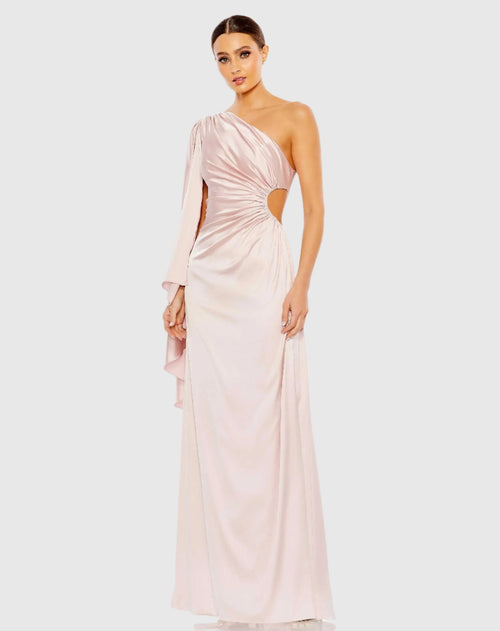 Pink One Shoulder Bell Sleeve Draped Gown - Mac Duggal