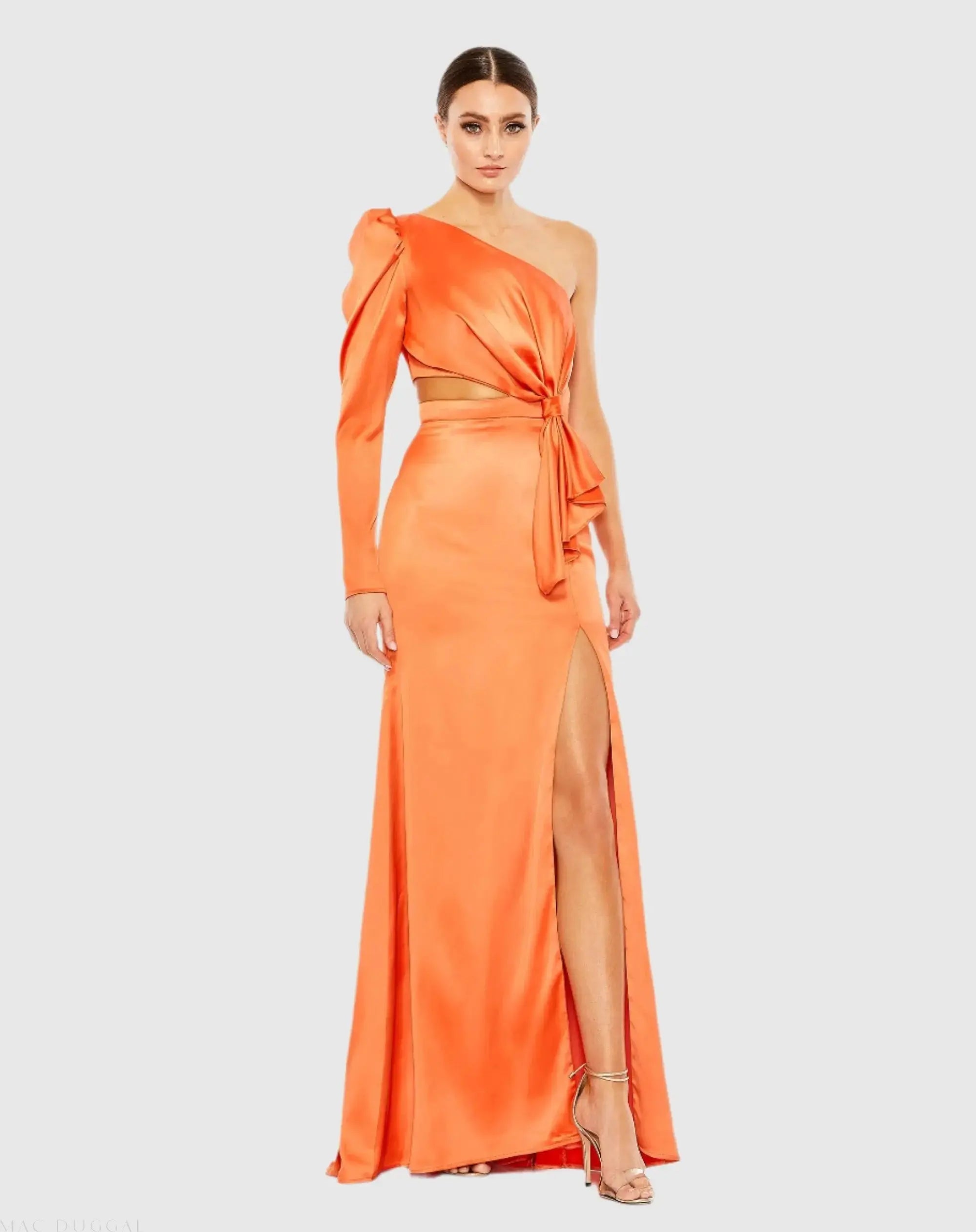 Orange Puff One Sleeve Cut Out Side Knot Gown - Mac Duggal