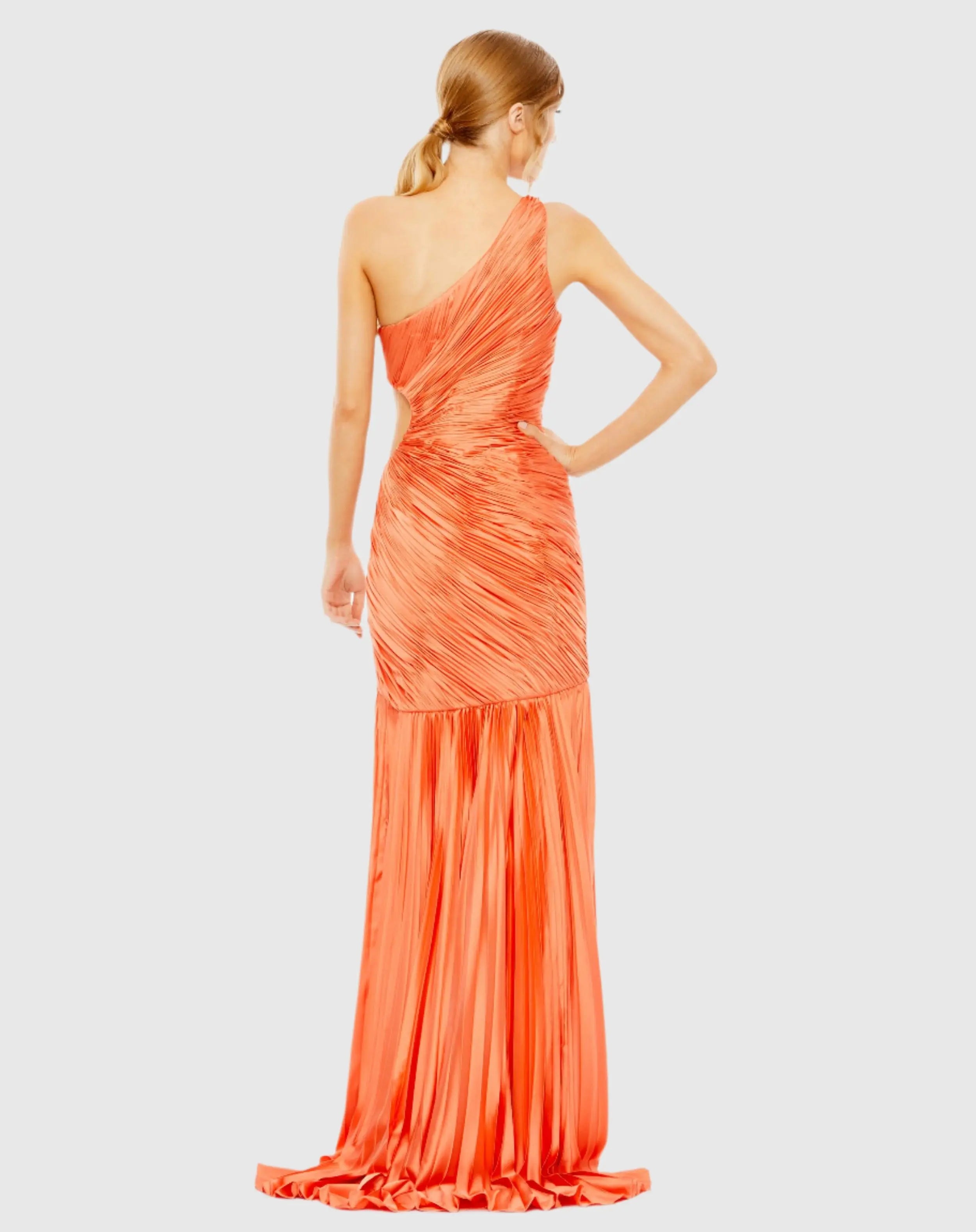 Orange Side Cut-Out One-Shoulder Pleated Gown - Mac Duggal