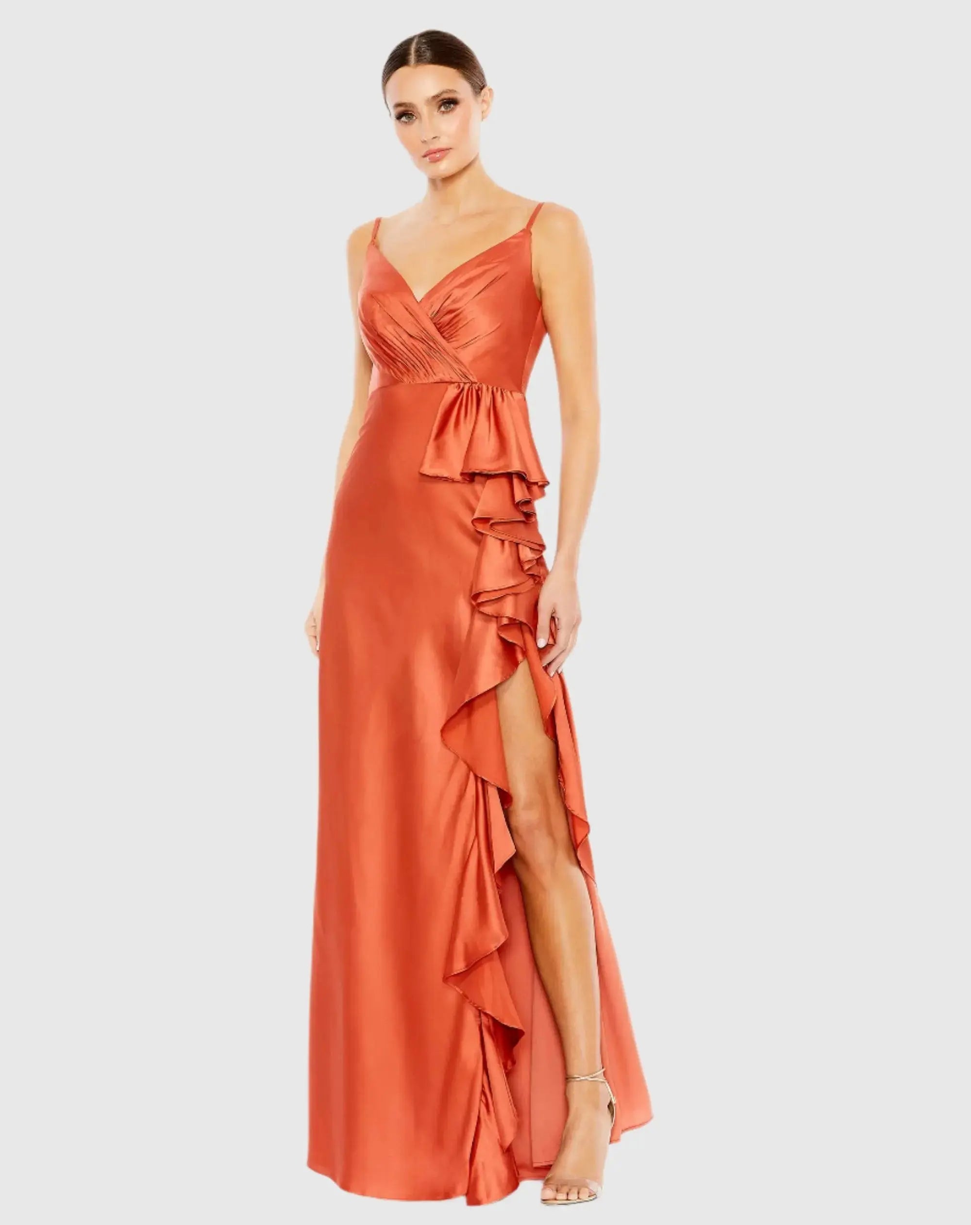 Orange V-Neck Spaghetti Strap Satin Gown