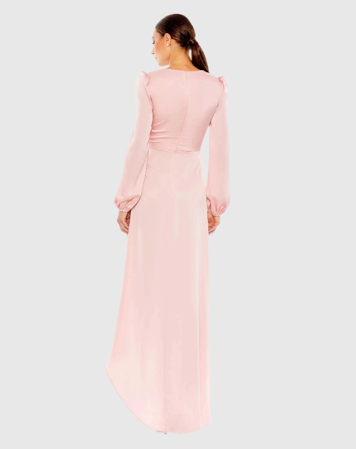 Pink Draped Faux Wrap Puff Long Sleeve Gown - Mac Duggal