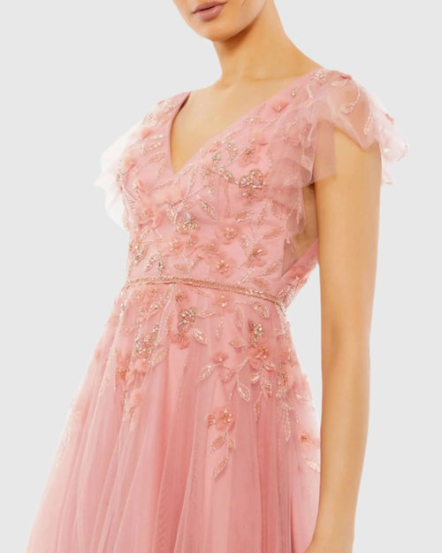 Pink Embellished Cap Sleeve V Neck Gown - Mac Duggal