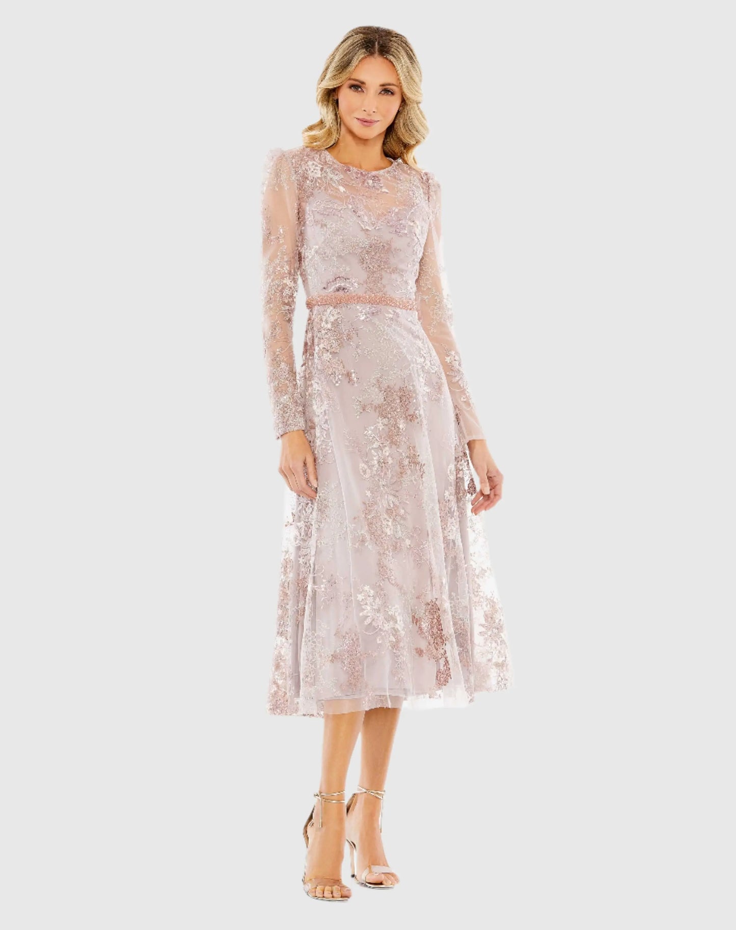 Pink Embellished Illusion Long Sleeve Midi Dress - Mac Duggal 