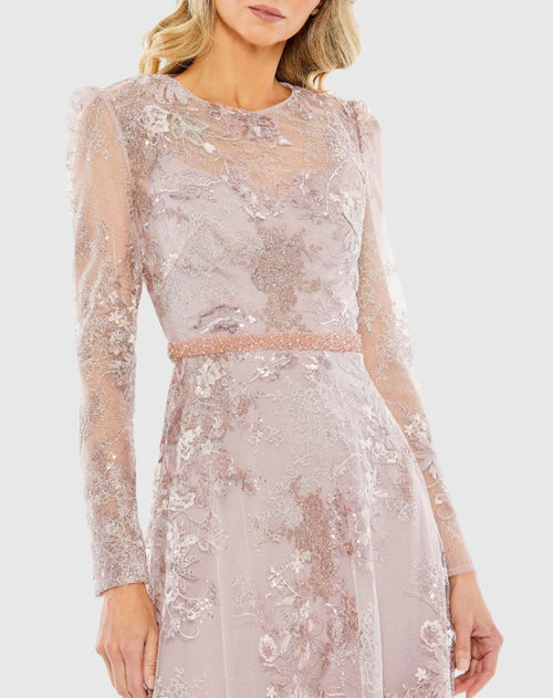 Pink Embellished Illusion Long Sleeve Midi Dress - Mac Duggal