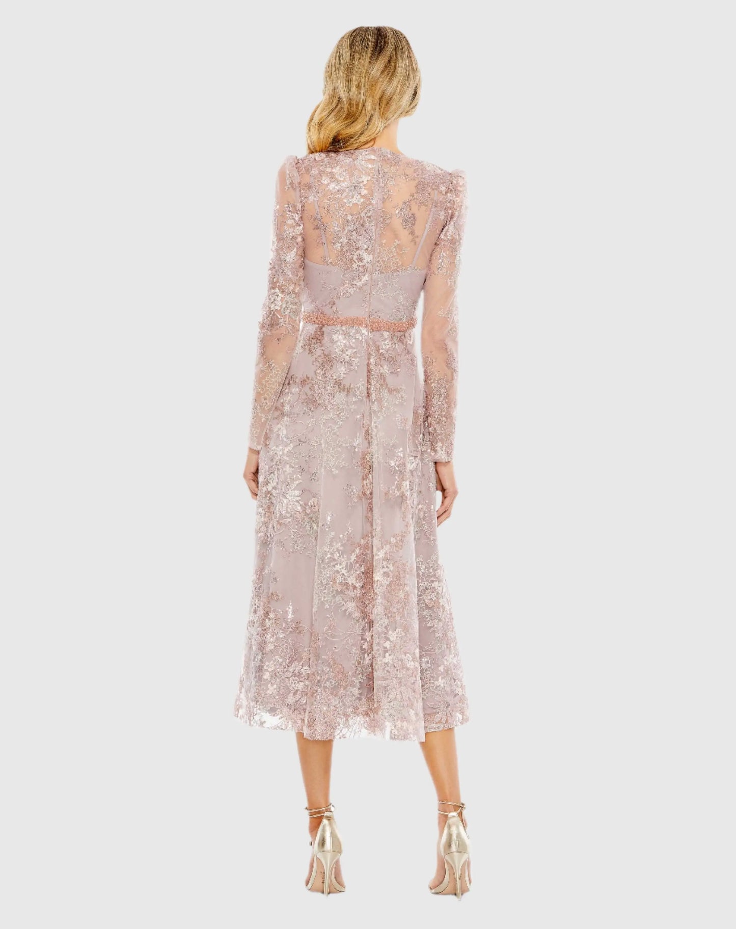 Pink Embellished Illusion Long Sleeve Midi Dress - Mac Duggal