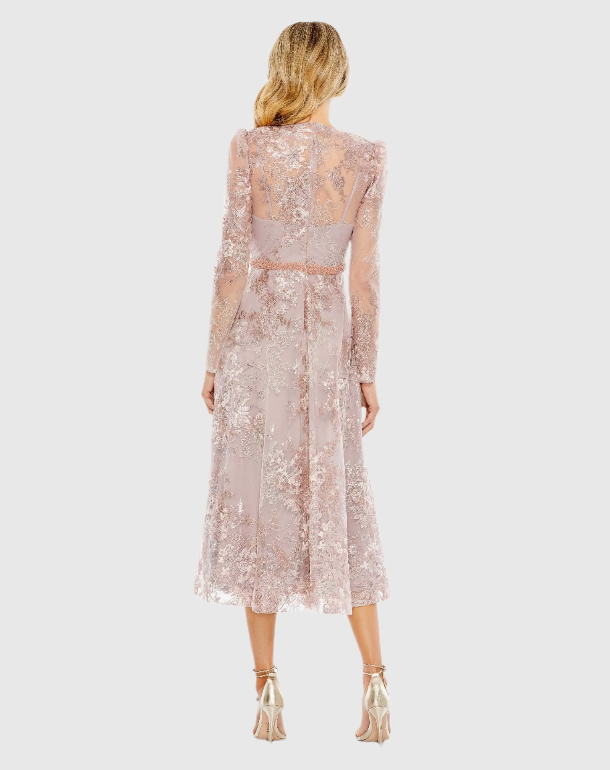 Pink Embellished Illusion Long Sleeve Midi Dress - Mac Duggal