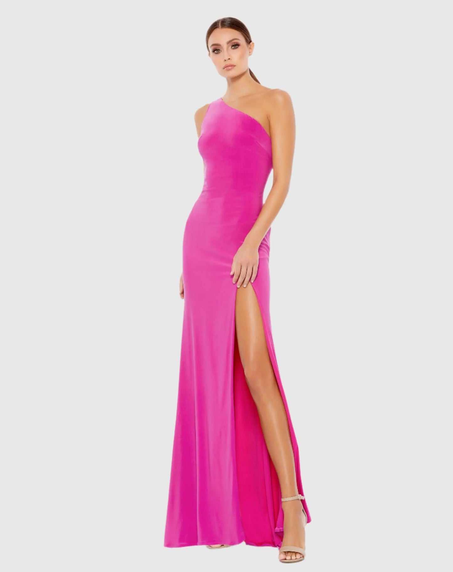 Jersey One Shoulder Draped Back Gown